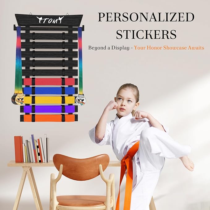 10 Belts Karate Belt Display Rack with Stickers, Taekwondo Belt Display, Martial Arts Belt Display Holder, Jiu Jitsu BJJ Belt Display Hanging Holder for Kids and Adults Gifts