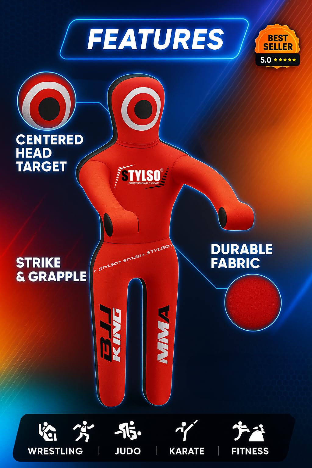 Unfilled Grappling Dummy – Adult Life Size Wrestling & BJJ Training Dummy, MMA Jiu Jitsu Judo Takedown & Throwing Practice, Heavy-Duty Triple-Stitched Canvas Submission Dummy (Red, 5ft / 60")