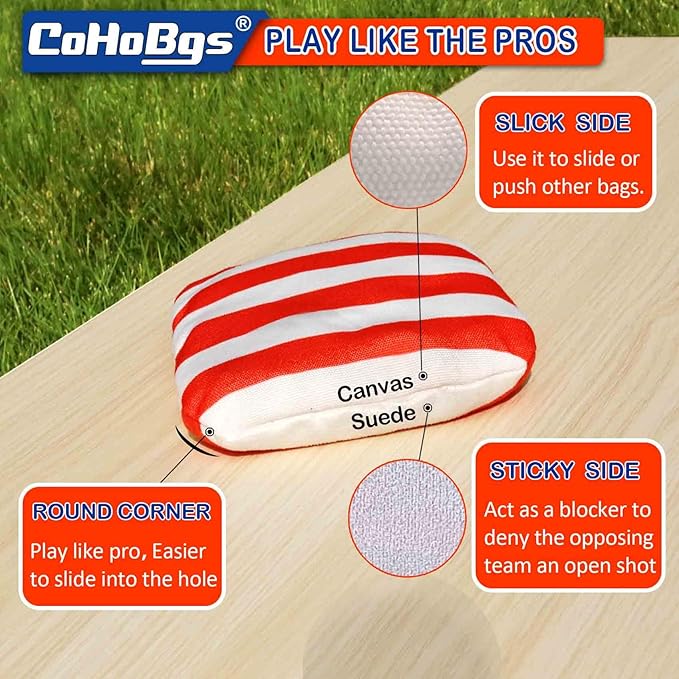 CoHoBgs Corn Hole Bags Set 8, Professional Cornhole Bags Dual-Sided Slick & Stick Resin Filled Suede and Duck Canvas Bean Bag for Cornhole Game Includes Carry Case