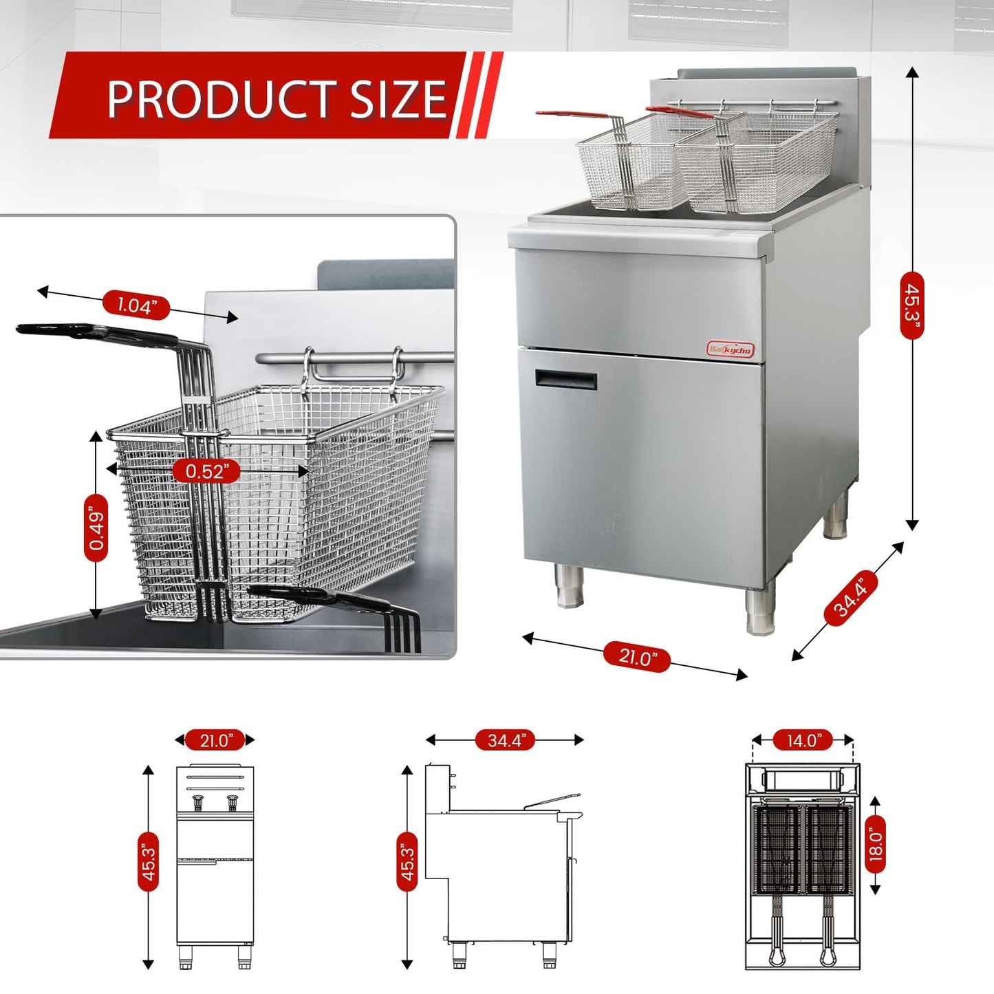 Backychu Commercial Deep Fryer -5-Burner Natural Gas Fryer CSA, 75-100 lbs Capacity, 150,000 BTU/h Adjustable Thermostat 200°F-400°F, Stainless Steel Gas Liquid Propane Deep Fryer for Restaurants
