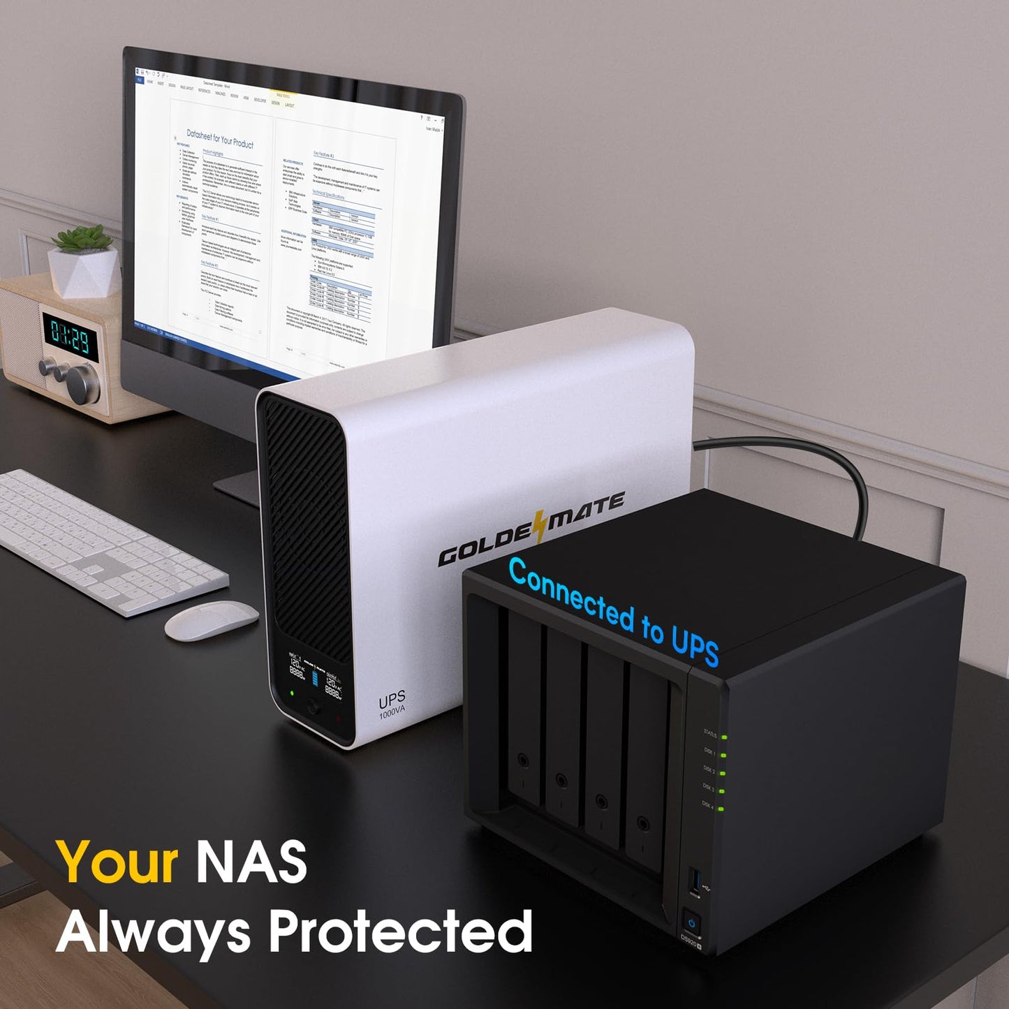 GOLDENMATE 1000VA/800W Lithium UPS Battery Backup and Surge Protector, Sinewave UPS System with LiFePO4 Battery(230Wh), Updated Pro Ver. with USB Communication Port, 8 Outlets, LCD Display, White