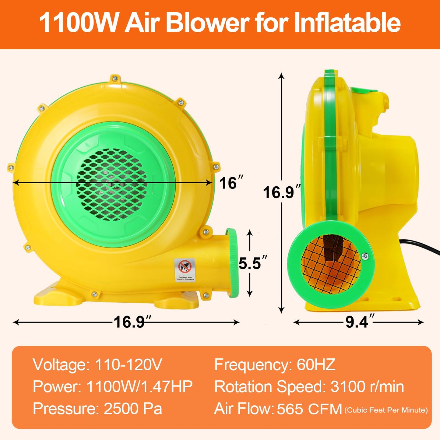 Bounce House Blower, 1100W/1.47HP Commercial Air Blower with Double-Sided Fan Blade Design, Strong Wind and Great Heat Dissipation Properties for Bouncy Castle, Jump Slides, Arch, Inflatables