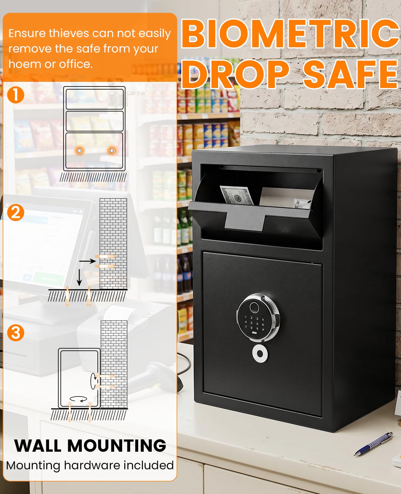 2.8 Cuft Biometric Drop Safe for Business, Anti-Theft Fingerprint Safe with Quick Place Drop Slot, Digital Keypad and Spare Key, Safe Box for Home Office Retail Store Business Mail Church