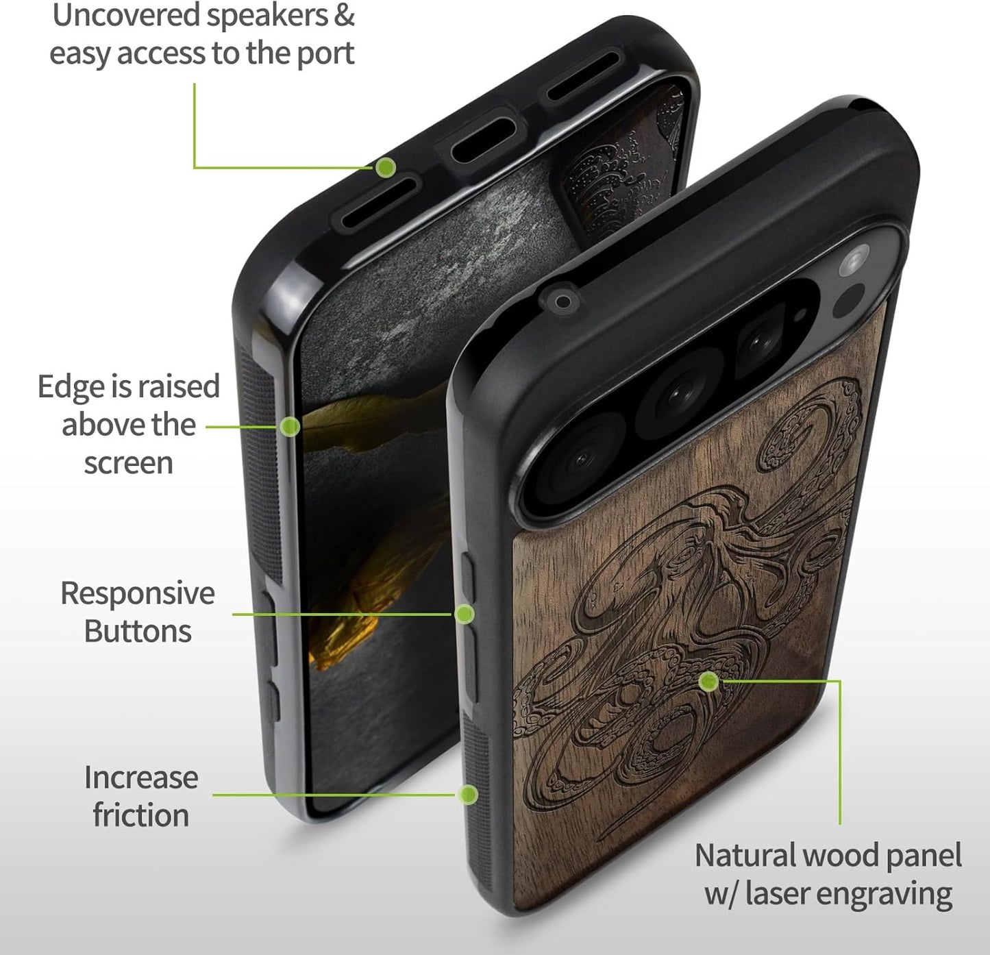 Carveit 10 10 Magnetic Wooden Case for Pixel Pro Google Pro Case, Wood Artisan Engraved & Soft TPU Shockproof Cover