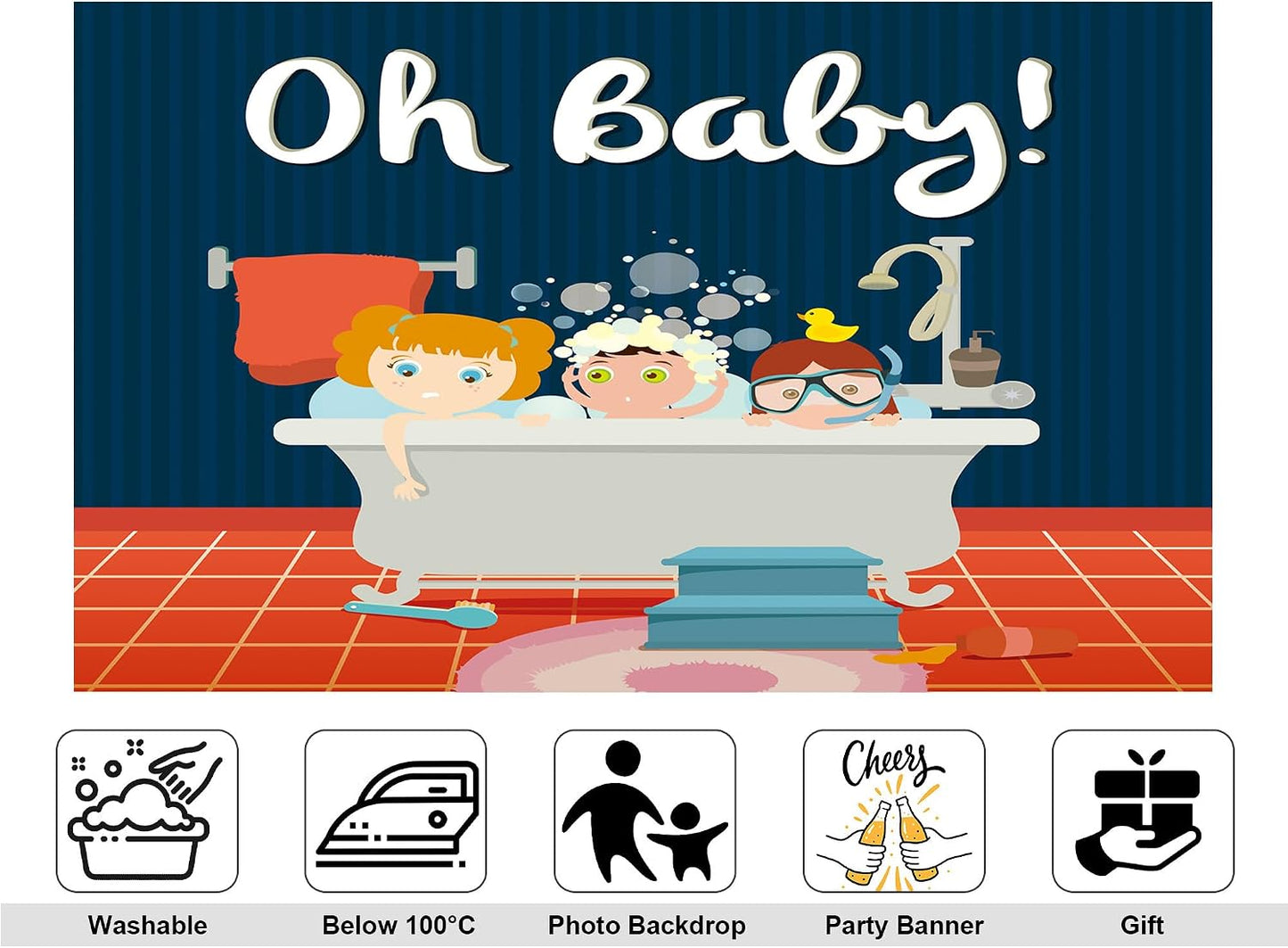 KeyWork 10x7ft Oh Baby Bathroom Theme Photography Backdrop Kids in Bathtub Design with Blue and Orange Background