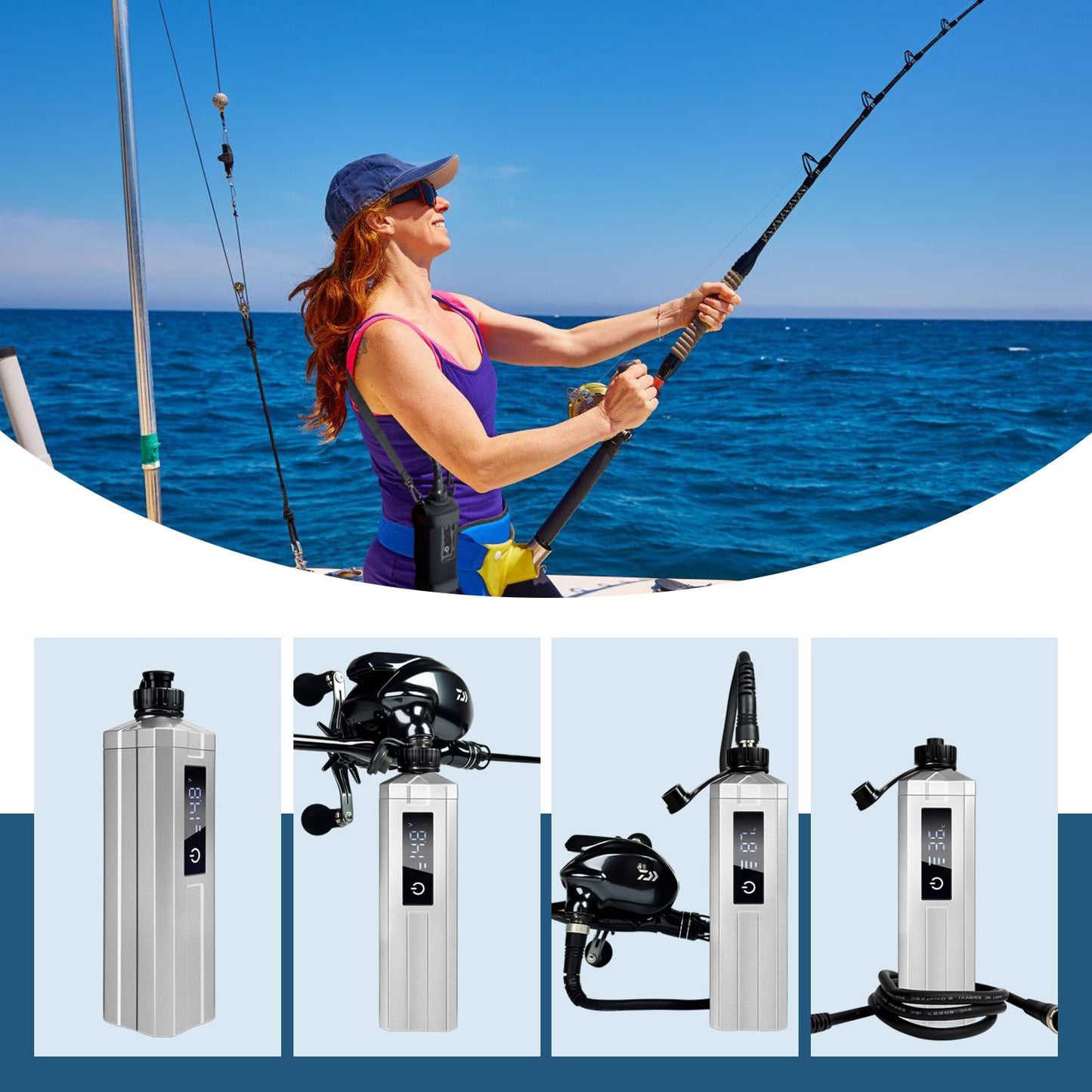 YL-HLOT electric fishing reel battery. IP68 waterproof. Rust prevention. Latest model with digital LED display. Includes 4.9ft power cord. Compatible with Daiwa & Shimano electric reels (Silver. 10Ah)