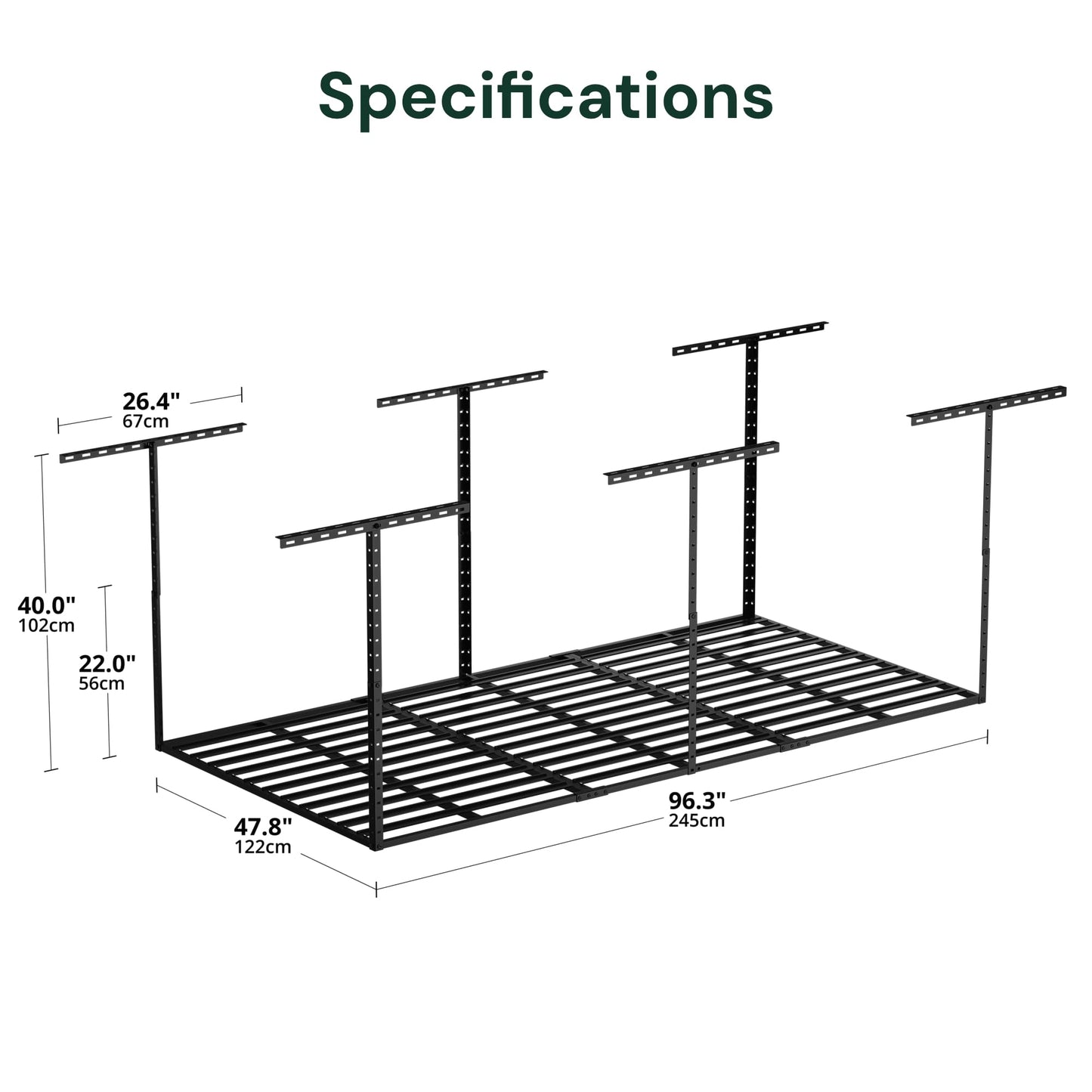 SunsGrove 4x8 Garage Storage Overhead Rack Organization, Adjustable Ceiling Mounted Storage Racks, 800LBS Weight Capacity, 22"-40" Ceiling Dropdown, 2 Pcs, Hammertone Black