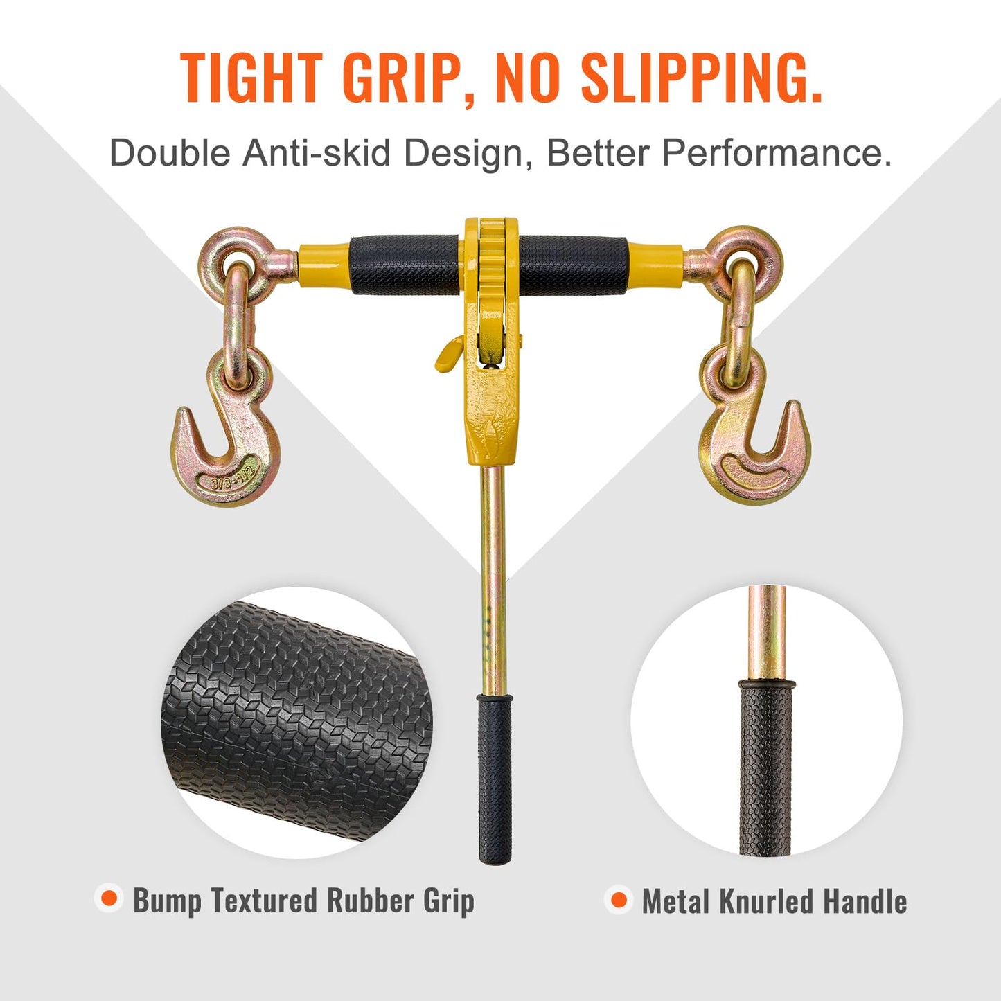 VEVOR 3/8"-1/2" Ratchet Chain Binder with Chain, G80 12000 lbs Secure Limit, Heavy Duty Load, Labor-Saving Anti-Skid Handle, Tie Down Hauling Chain Binders for Flatbed Truck Trailer, 2 Set & Yellow