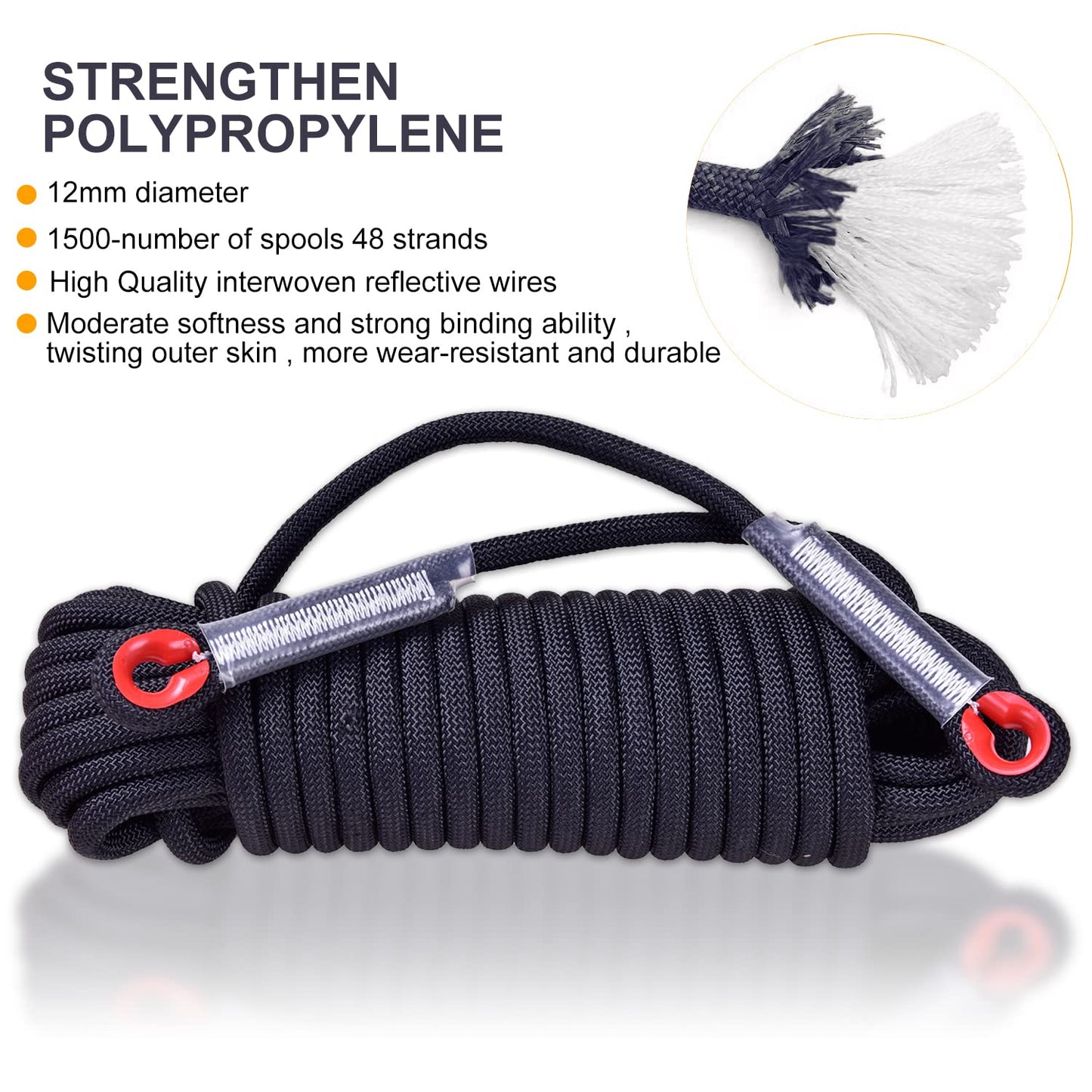 LZ.MZXU Climbing Rope, 12mm Static Climbing Ropes, 32FT(10M) 65FT(20M) 100FT(30M) 164FT(50M) Outdoor Rock Climbing Rope with Hook, Safety Rappelling Ropes, Fire Rescue Parachute(Black, 164FT)