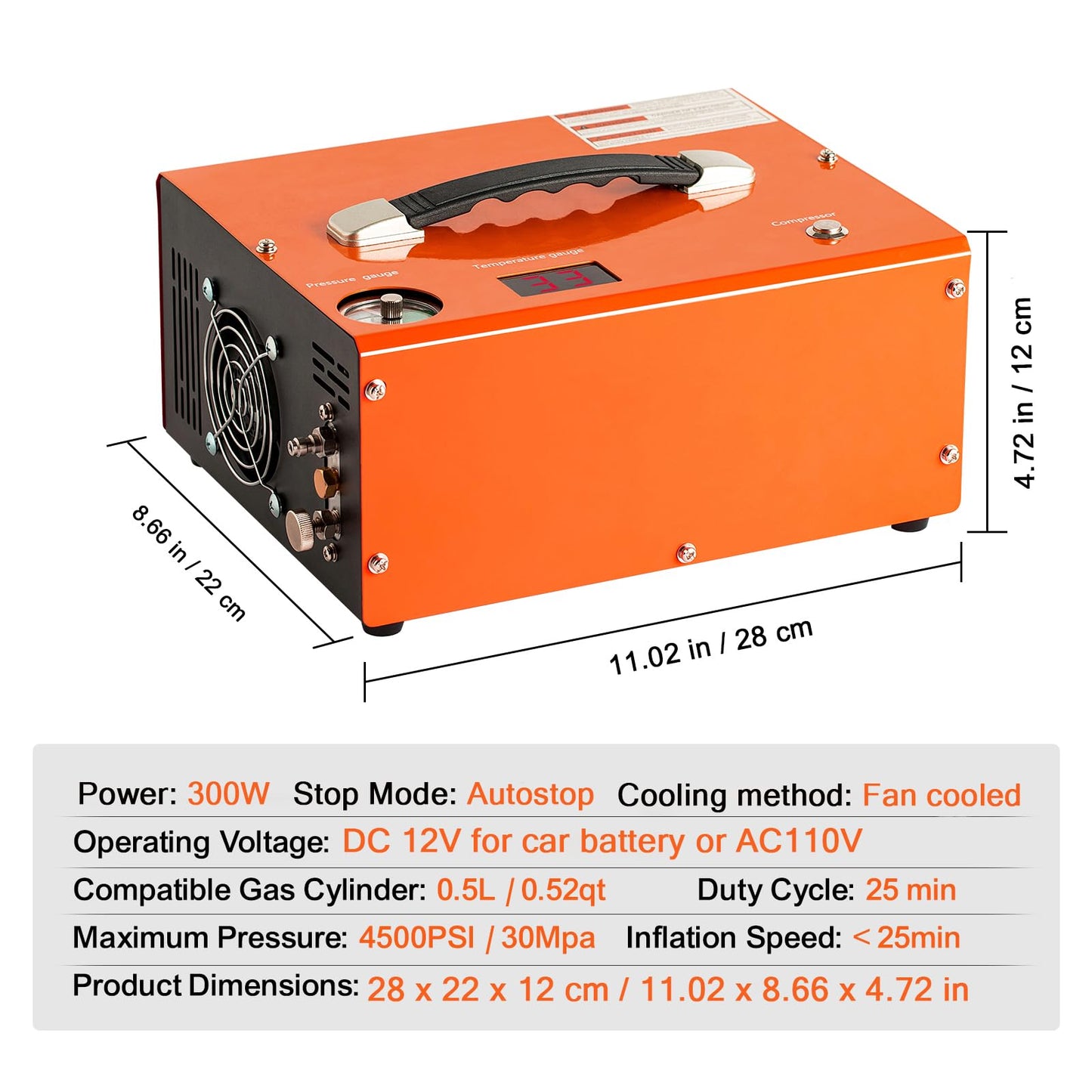 PCP Air Compressor 4500Psi/30Mpa, 300W Oil-Free Fast Fill Pump with Auto Shut-Off, Dual Power 12V DC & 110V AC, Built-in Fan, Portable Air Pump Paintball, Air Rifle, Airguns HPA Tanks