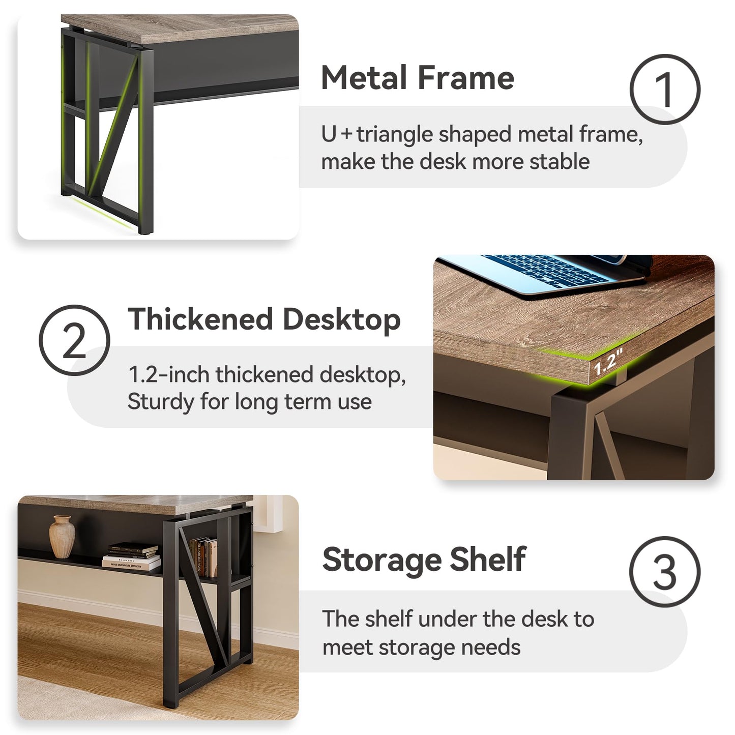 LITTLE TREE 63-Inch Executive Office Desk, Large Computer Desk with Storage Shelf, Executive Desk with Metal Frame, Study Writing Desk Work Station for Home Office, Grey + Black