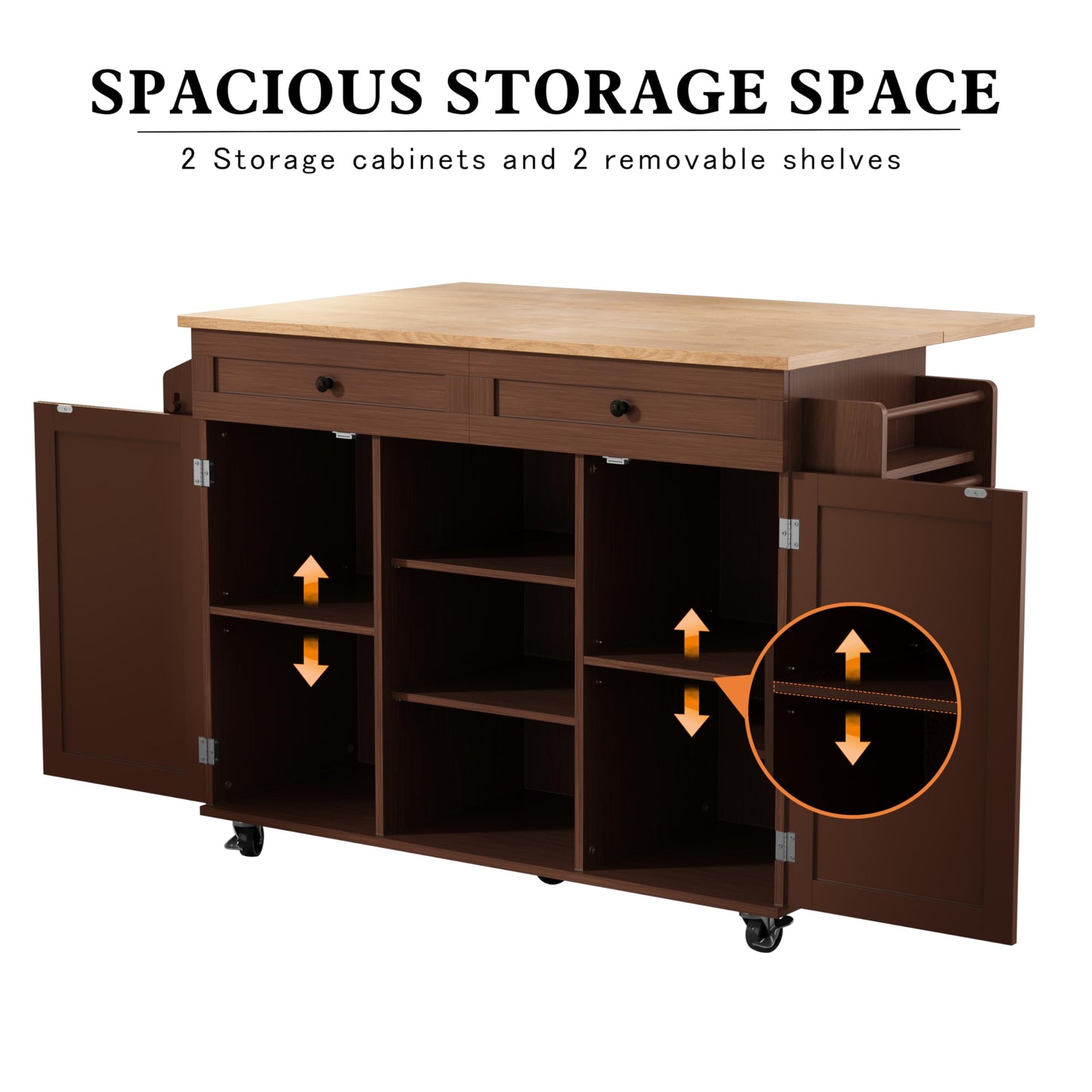 HLR Kitchen Island On Wheels, Brown Rolling Kitchen Island Cart with Solid Wood Drop Leaf Breakfast Bar, Barn Door Kitchen Islands with Storage Cabinet and Tower Rack, Island Table for Kitchen
