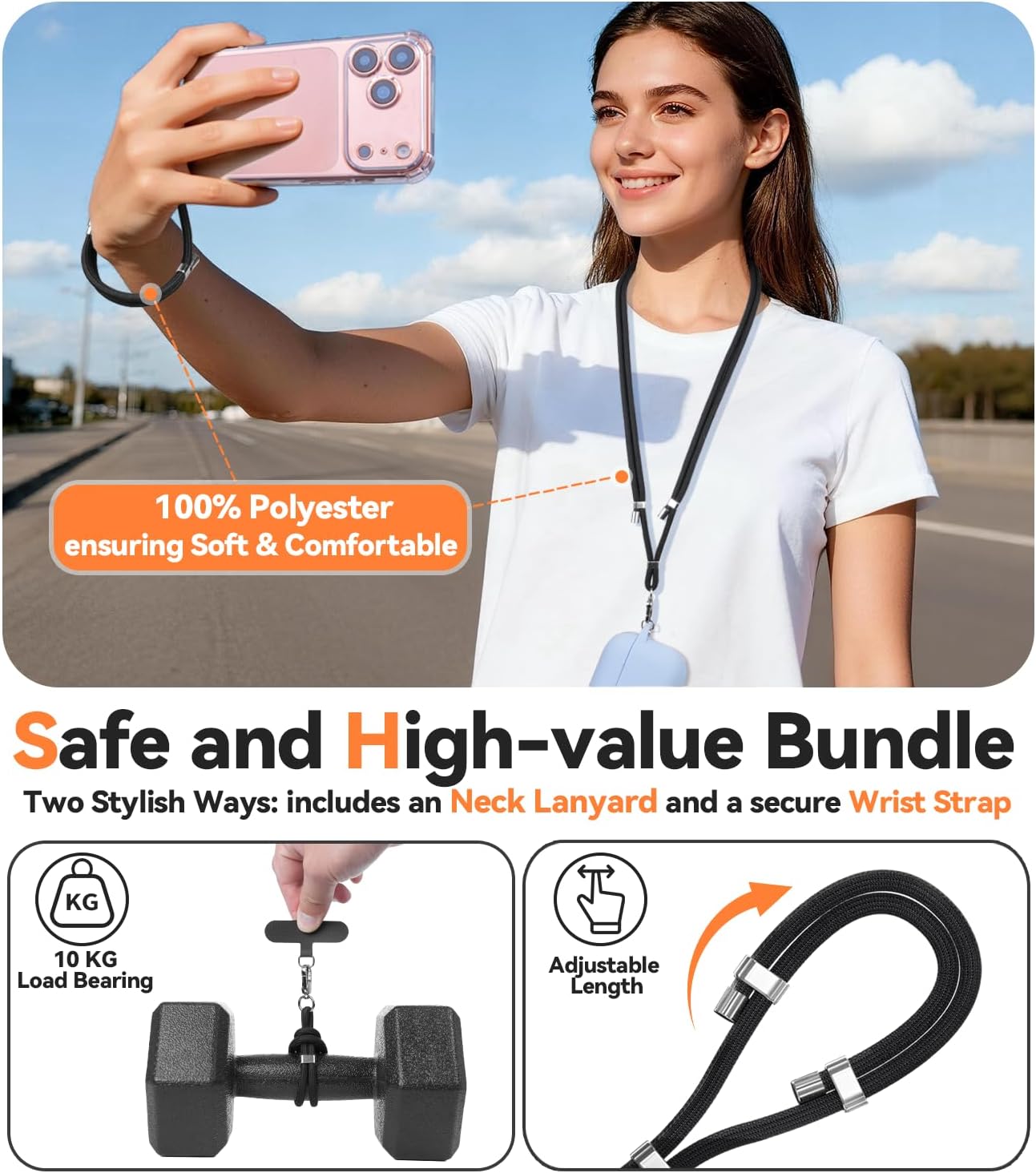 4-IN-1 15-31 inch 2 Phone Lanyard + Wrist Strap, Adjustable Cell Phone Lanyard with Tether Tabs for iPhone,Smartphone