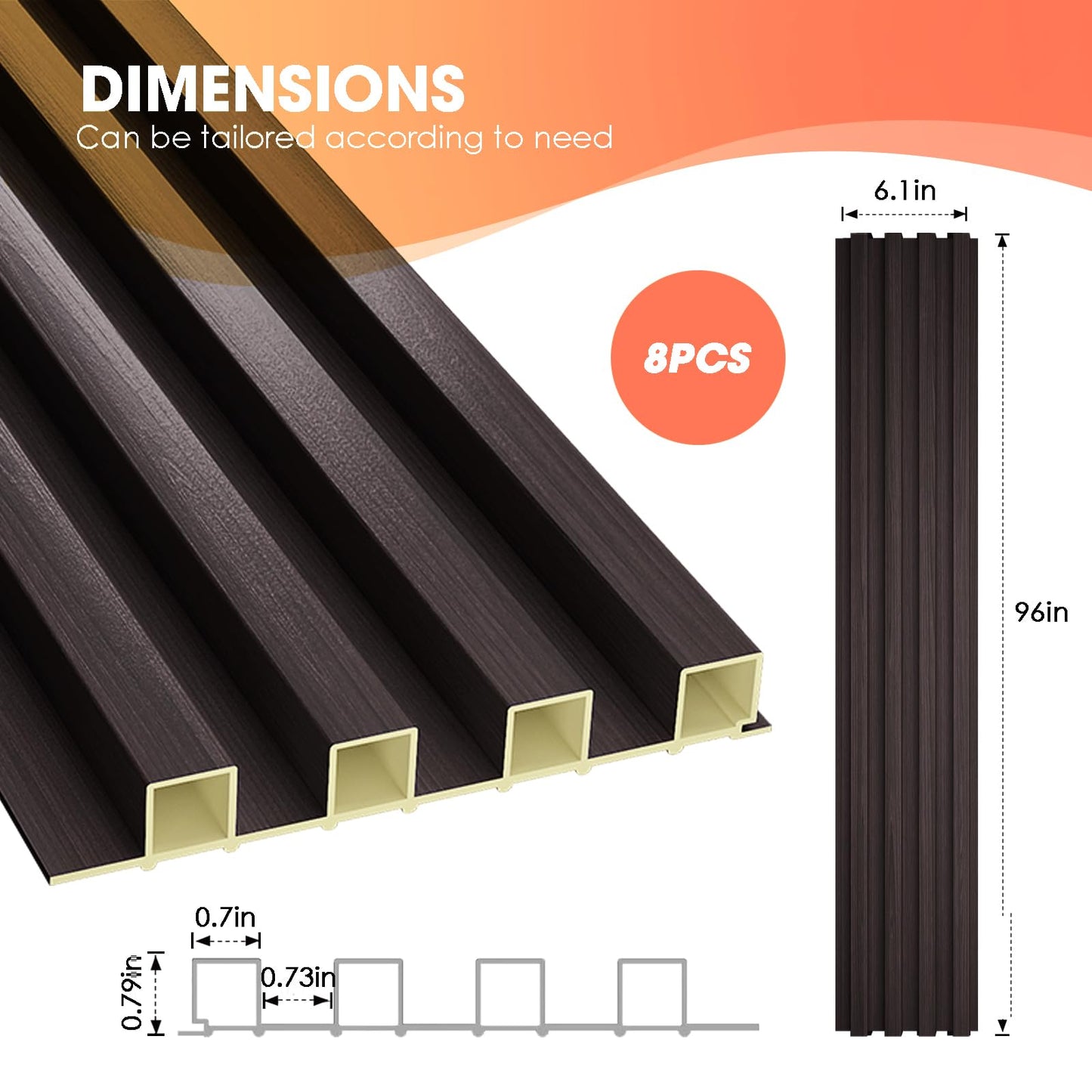 OUZUGIE WPC Acoustic Slat Wall Paneling, 8-Pack 96 x 6 Inches 3D Wall Panels for Interior Wall Decor,Living Room,TV Background,Study Room,Office Spaces,Bedroom,High Grille (Walnut)