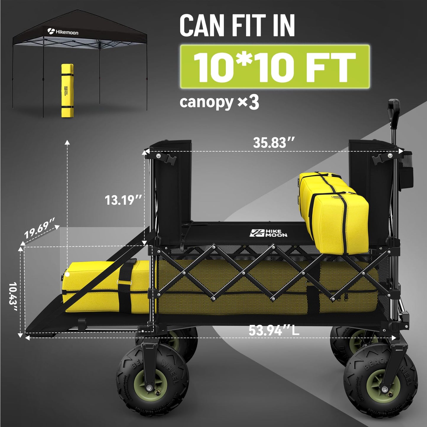 Hikemoon Double Decker Beach Wagon with 10" Big Balloon Wheels for Sand, 54'' Extra Long 560LBS Heavy Duty Wagons Carts Foldable, 400L Large All-Terrain Collapsible Folding Cart for Outdoors, Black