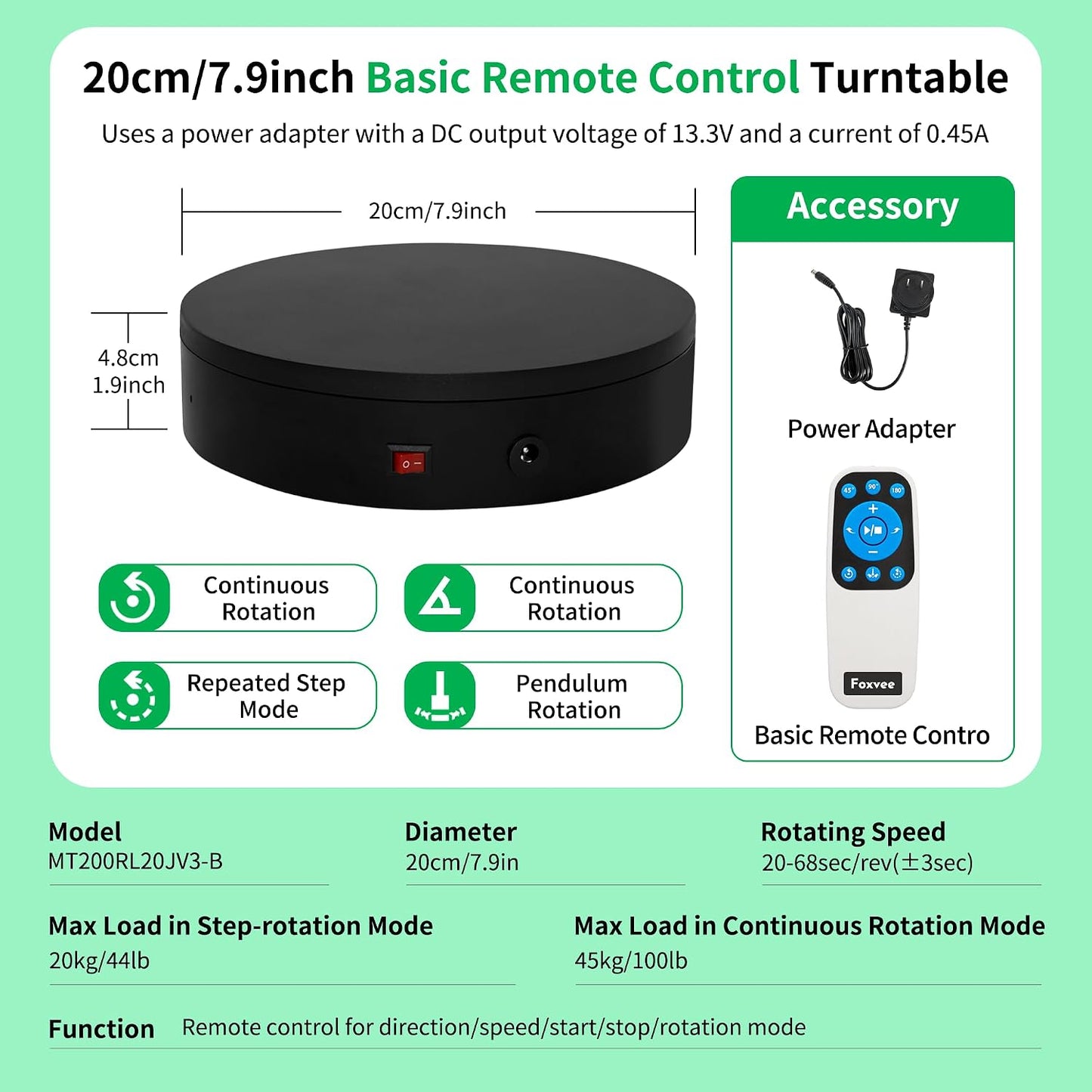 Foxvee 360 3D Scan,Photography,Showcase(7.87inch/Black) Remote-Controlled Motorized Turntable,Motorized Rotating