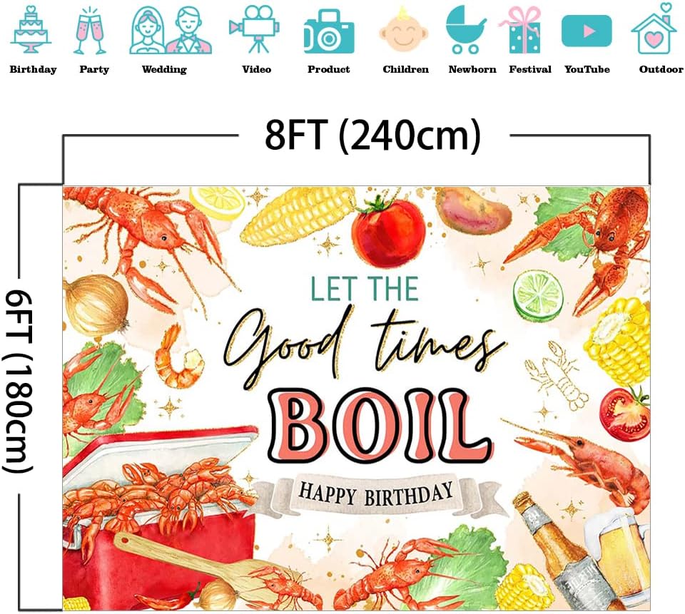 Mocsicka (8x6ft) Let The Good Times Boil Backdrop Crawfish Theme Delicious Food Birthday Party Background Lobster