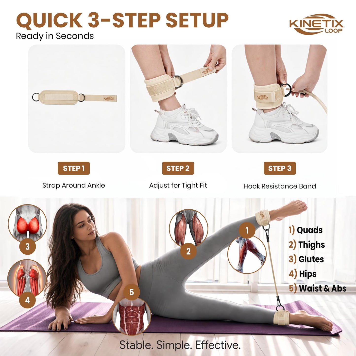 Kinetix Loop Ankle Resistance Bands with Cuffs – 3-Level Latex Exercise Bands for Glutes, Kickbacks & Hip Training | Neoprene Padded Ankle Cuffs for Women & Men | Home Gym Workout Set with Mesh Bag