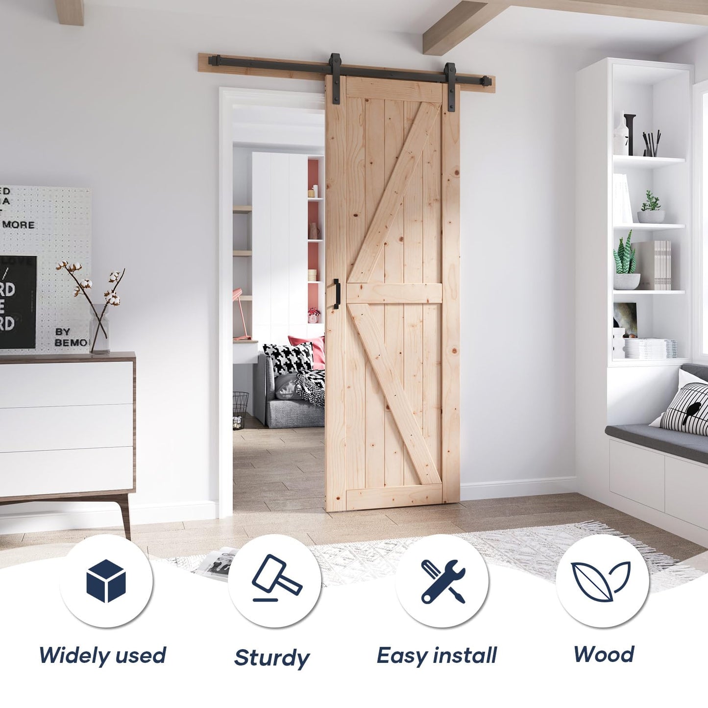 FREDBECK 30in x 96in Sliding Barn Door and 5FT Sliding Door Hardware Kit Included K Shape Solid Spruce Wood Panel for Bedroom Need to Assembly
