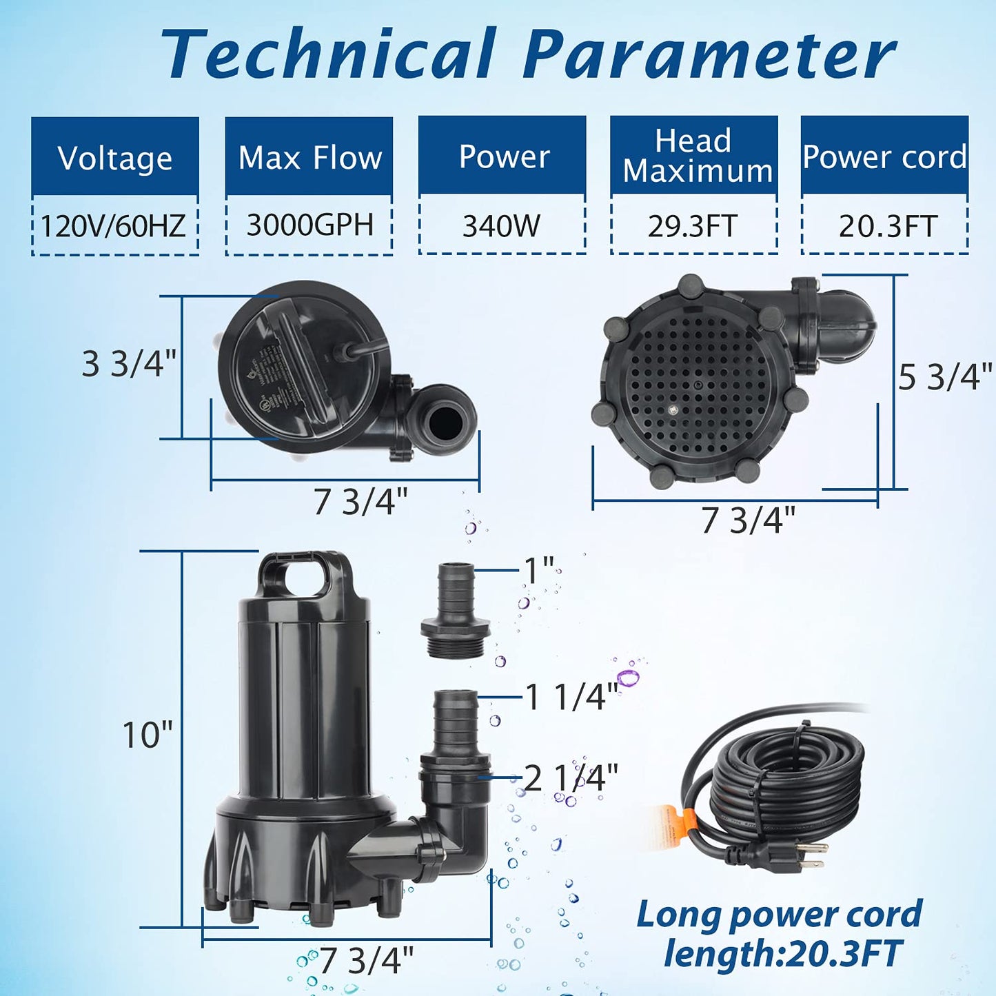 WaterRebirth (PB3000,3000GPH) High Flow Submersible Water Pump-Home/Inline Water Pump-Submersible Pump-Water Transfer Pump-Aquarium Pump