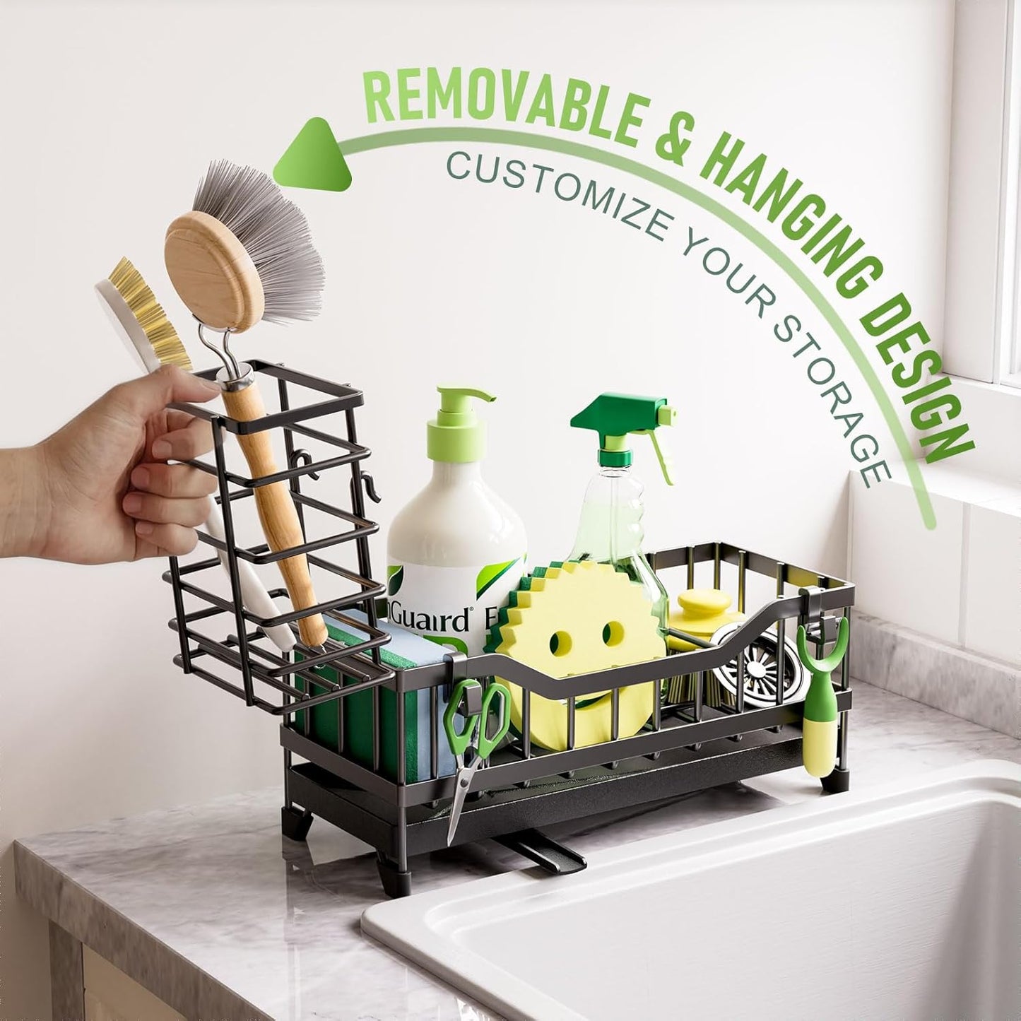 Skiennix Kitchen Sink Caddy - 304 Rustproof Stainless Steel Sponge Holder | Black Countertop Organizer