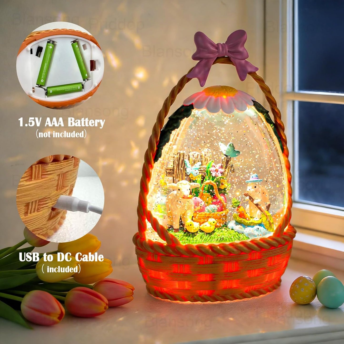 Priddop Easter Bunny Snow Globe | 9.5-Inch Glittering Tabletop Decoration with Timer