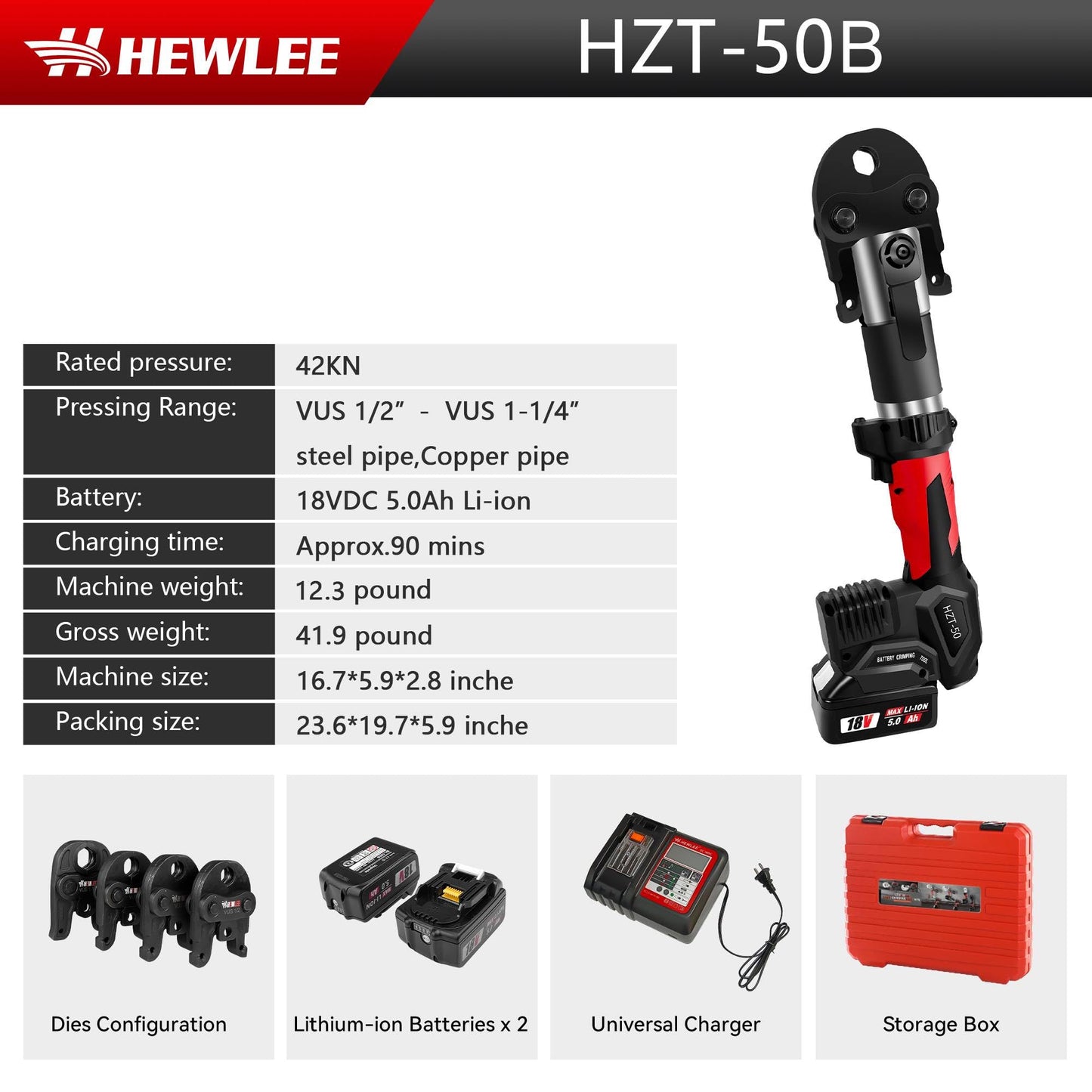 HHEWLEE Pro Press Copper Crimper Press Tool with 4 Jaws 1/2", 3/4", 1",1-1/4", Battery Powered Crimping Tool 42KN for US Standard Copper Pipe or Stainless Steel Tube, Suitable for Plumber(HZT-50B)