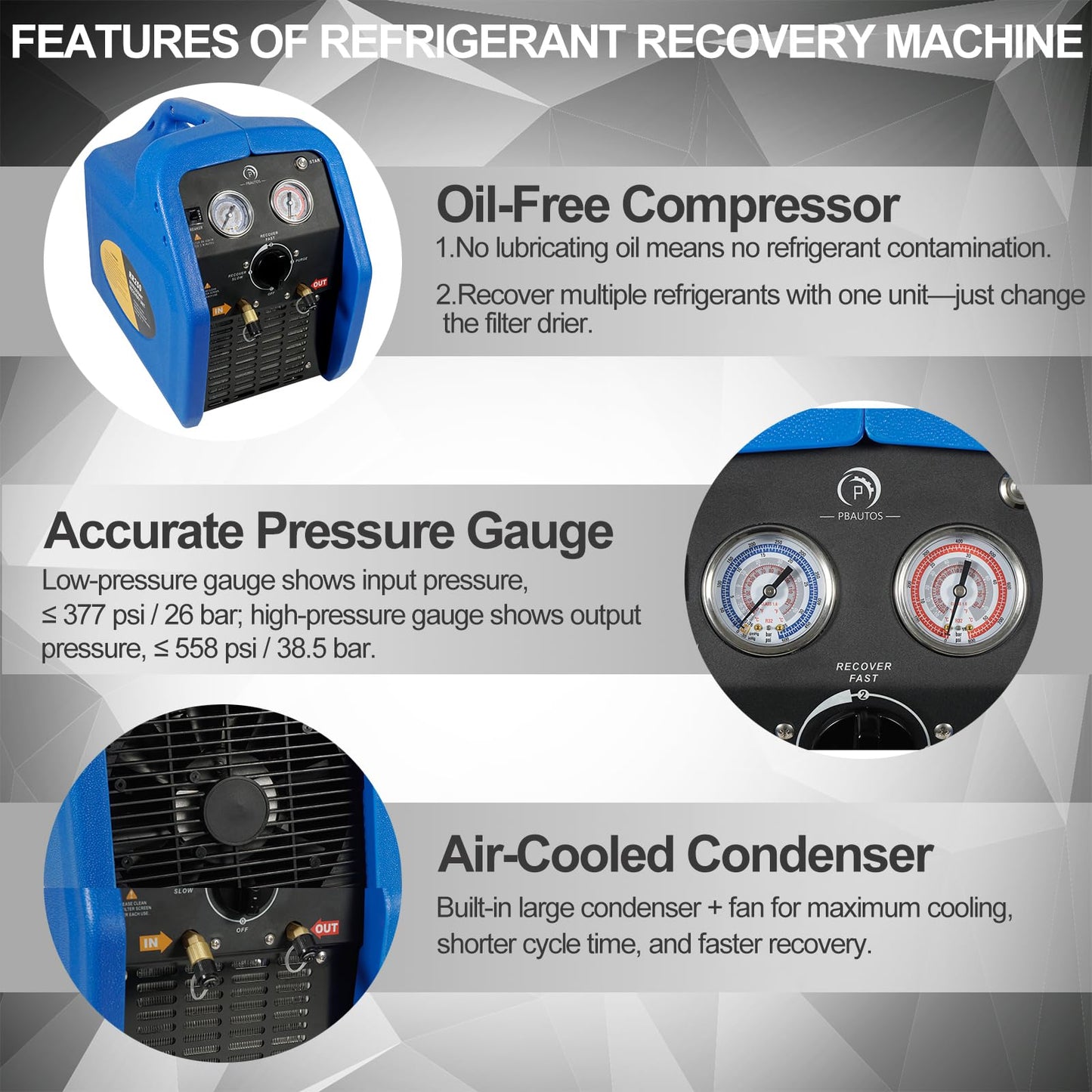 P PBAUTOS 3/4HP R1234YF R32 Refrigerant Recovery Machine, Oil-Less Single Cylinder Portable Freon Recycling Unit 110V for Automotive AC & Household HVAC Systems