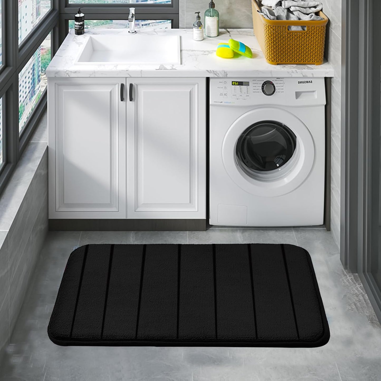 Skiennix Memory Foam Bath Rugs Set - Non-Slip, Washable, Super Soft 3-Piece Black Bathroom Mats