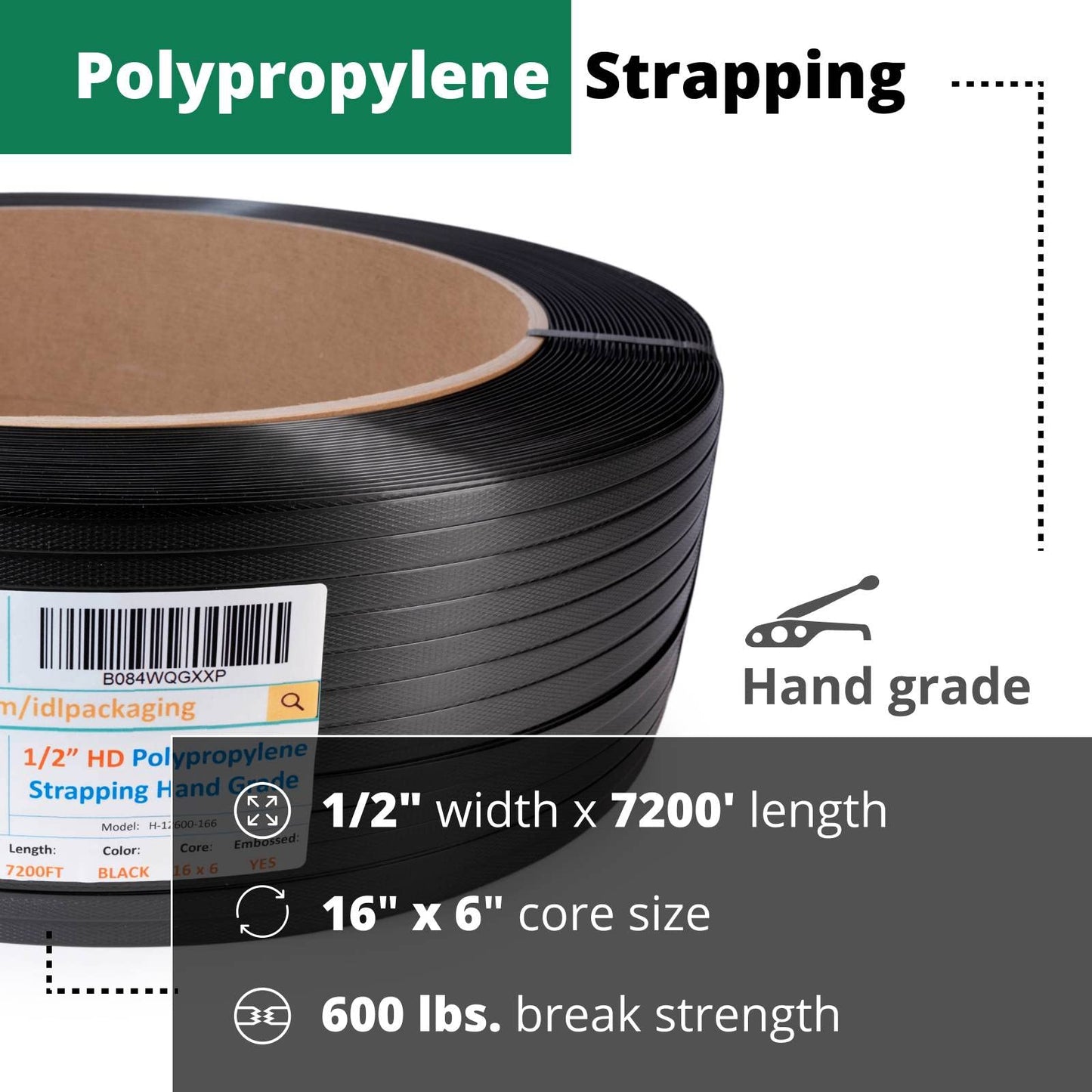 IDL Packaging 1/2" x 7200' Hand Grade Polypropylene (PP) Strapping Roll of 16" x 6" Core Size, 600 lbs Break Strength - Lightweight and Affordable Poly Banding - Flexible Packing Straps
