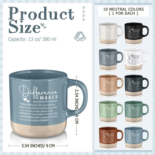 Didaey 10 Pcs Difference Maker Appreciation Gifts Bulk Inspirational Ceramic Coffee Mugs 13 oz Thank You Mug Admin Professionals Day Gifts for Volunteer Nurse Teacher Assistant Boss Leader, 10 Colors