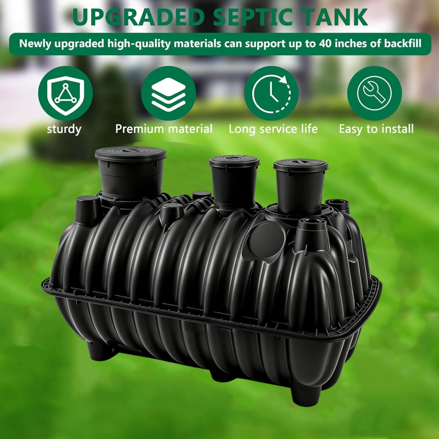 Large 274-gallon underground septic tank, corrosion-resistant PP septic tank system, equipped with a standpipe and observation hole cover, dimensions are 68.3x38.8x36.2 inches, suitable for 3-5 people