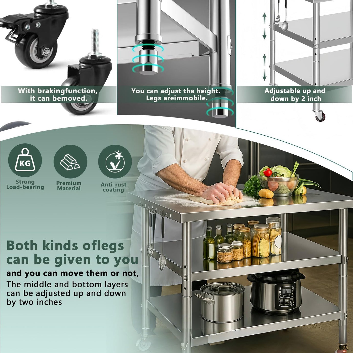 Stainless Steel Table with Wheels for Food Preparation and Work, Multi-Size Optional, Three-Layer Variable Two-Layer Metal Commercial Workbench Outdoor, Restaurant, Kitchen (44" Lx24 Wx34 H)