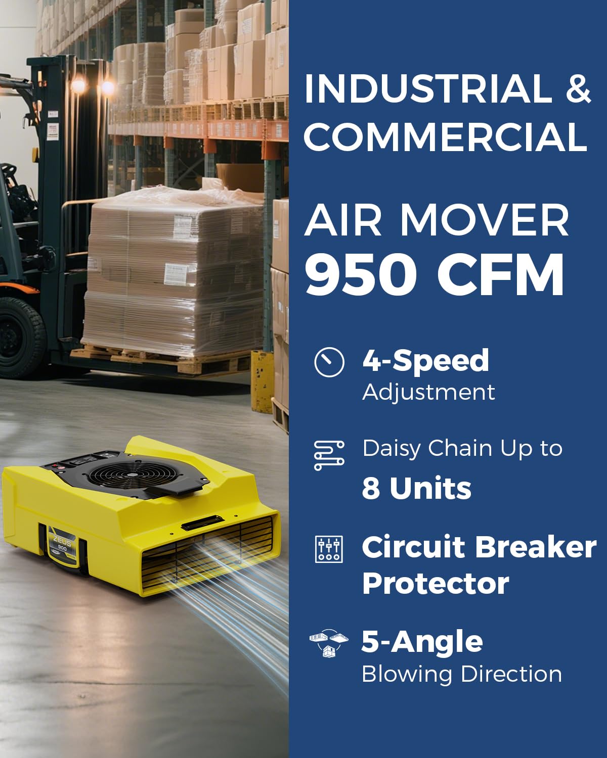 ALORAIR Air Mover,1/4 HP 950 CFM Floor Blower Fan with Dual GFCI Outlets, 4 Speeds, 5 Blower Angles & Daisy Chain - Ideal for Carpet Floor Dryer and Water Damage Restoration (Zeus 900 Yellow)