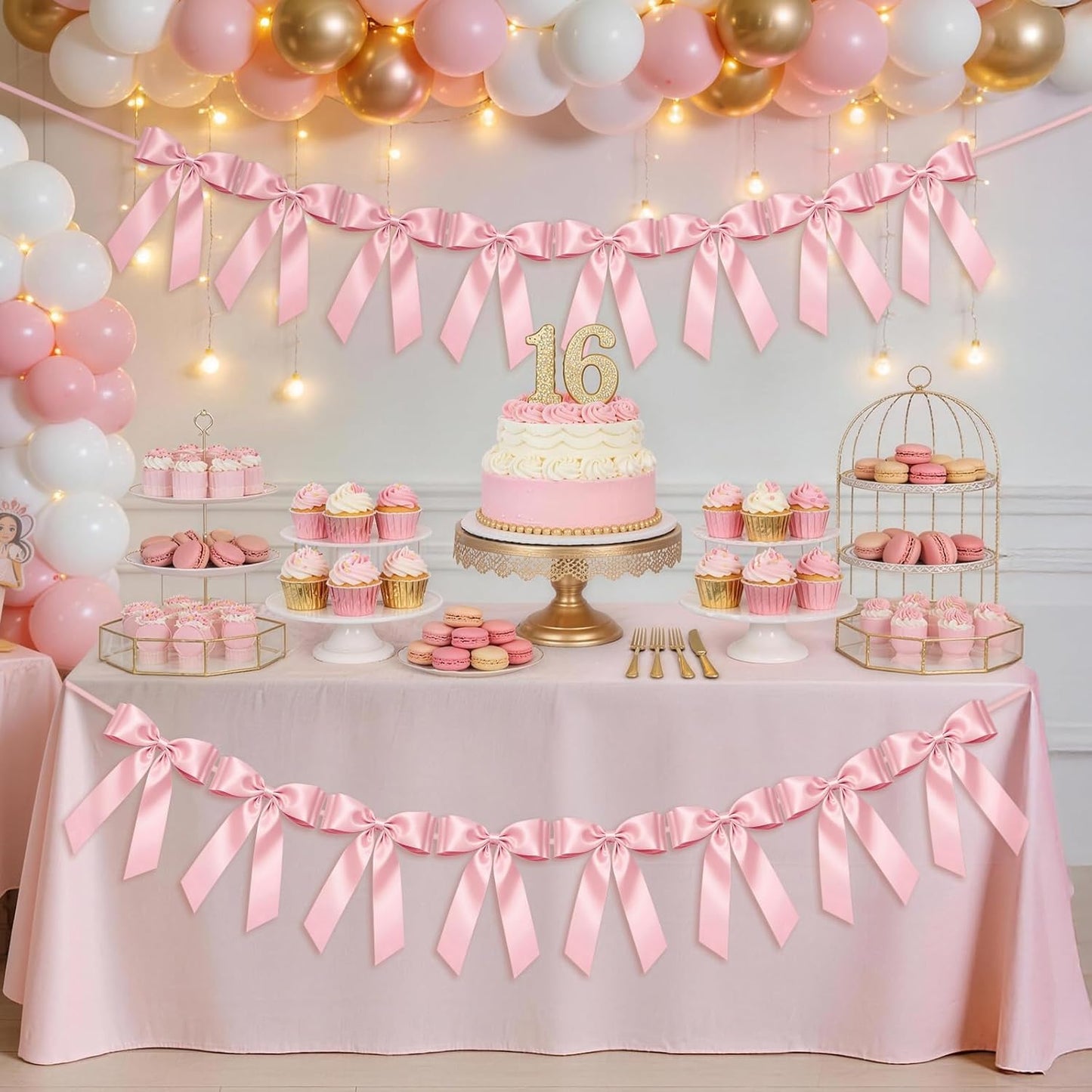 Skiennix Pink Bow Garland Banner - 8 Pre-Strung Double-Layer Satin Ribbon Bows | Valentine's Day Decor & Party Accent