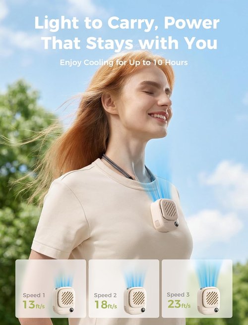 Aecooly Mini Portable Neck Fan - Hands-Free USB Rechargeable Design | 10H Max Cooling Time - Beige