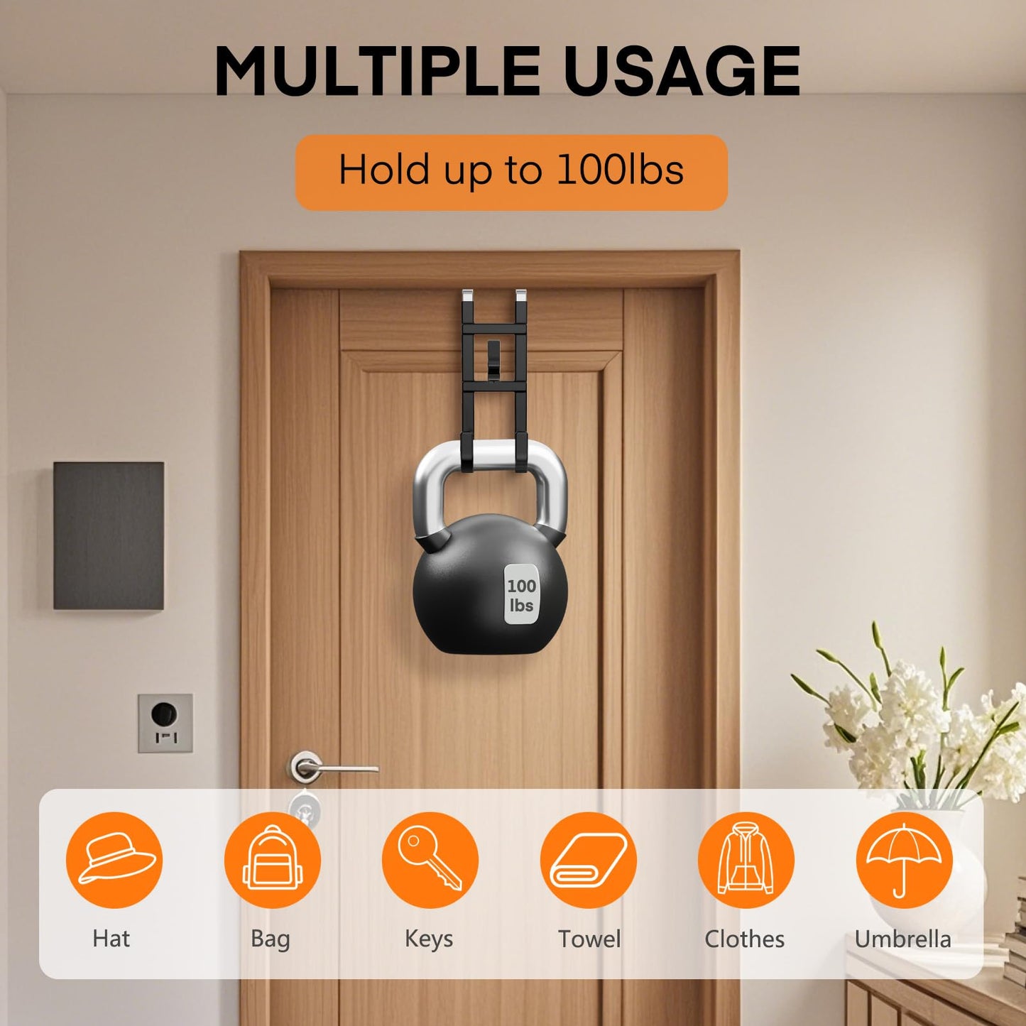 FYY Over The Door Hooks - 2 Pack Heavy Duty Triple-Hook Hanger, Rubber Coating Organizer for Bathroom Bedroom Kitchen Dorm, Hanging Towels Clothes Hats Bags Ironing Board, Fits Doors Up to 1.6" Black