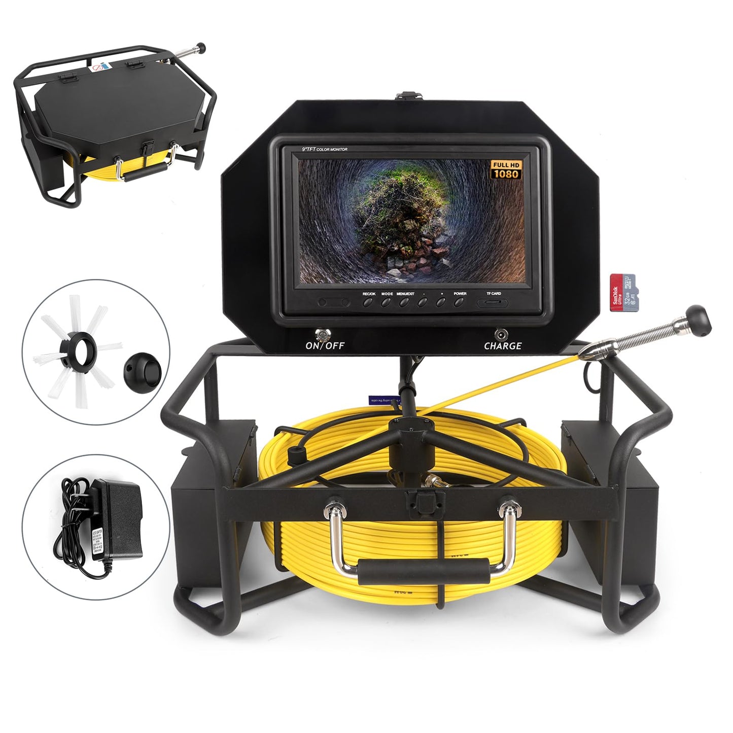 9 inch Monitor 100ft/30m Pipe Inspection Video Camera,IP68 Waterproof 1080P Drain Sewer Pipeline Industrial Endoscope System with Distance Mark Camera DVR Recorder