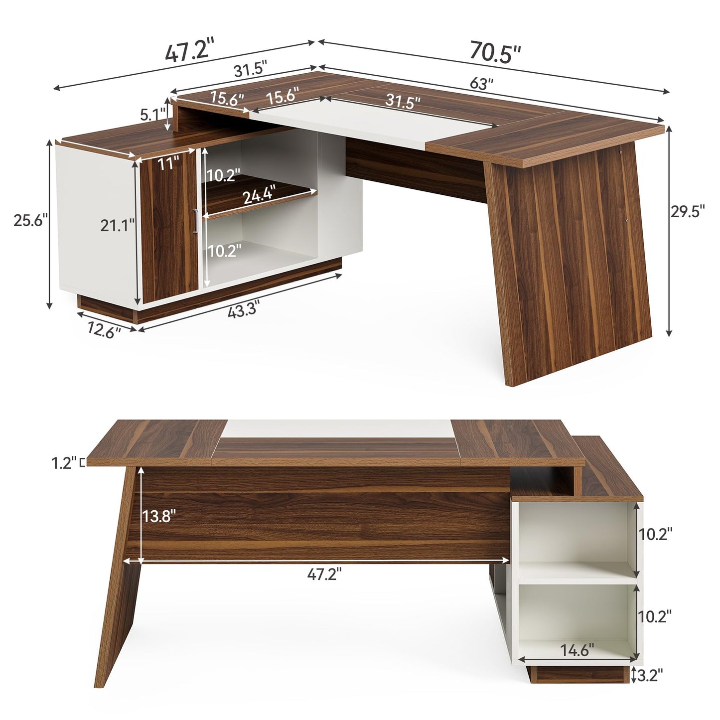 LITTLE TREE 70.5-Inch Executive Desk, Large Home Office Desk with Storage Cabinet and Open Shelves, L-Shaped Computer Corner Desk, Workstation for Office Home, Walnut and Black