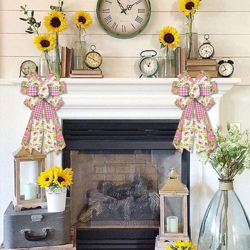 Estivaux Large Spring Flower Bow - Pink Buffalo Plaid & Natural Burlap | Perfect for Wreaths & Holiday Decor