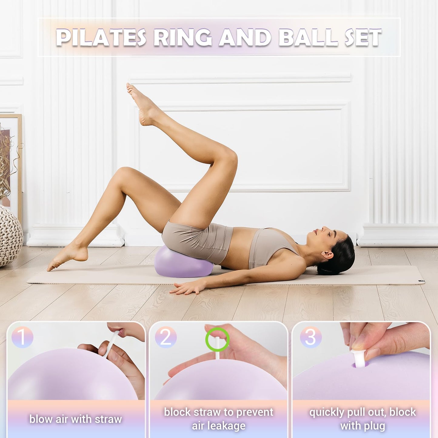 Paleclouds Pilates Ring Set for Women, 12" Pilates Ring and Ball Set with Resistance Bands for Home Workouts, Portable Pilates Kit with Bag & 2 Training Poster for Full Body Exercise(Purple)