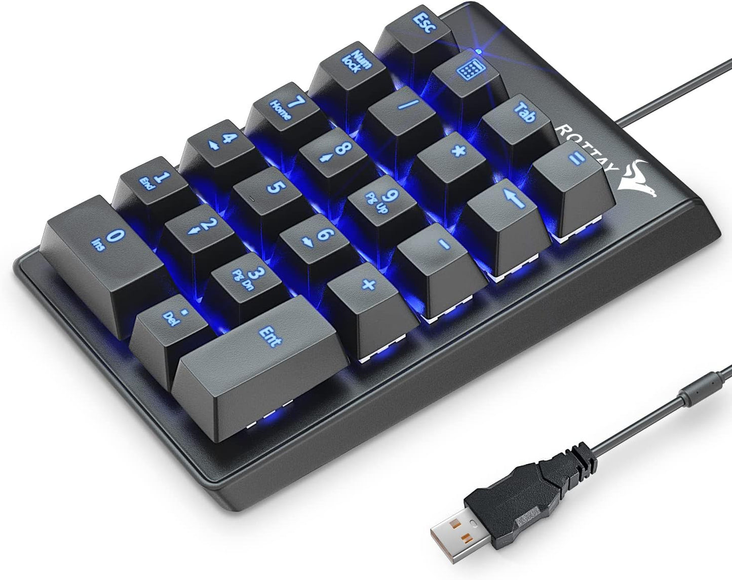 Rottay 22 Number Pad, Mechanical USB Wired Numeric Keypad with Blue LED Backlit Key Numpad for Laptop Desktop Computer