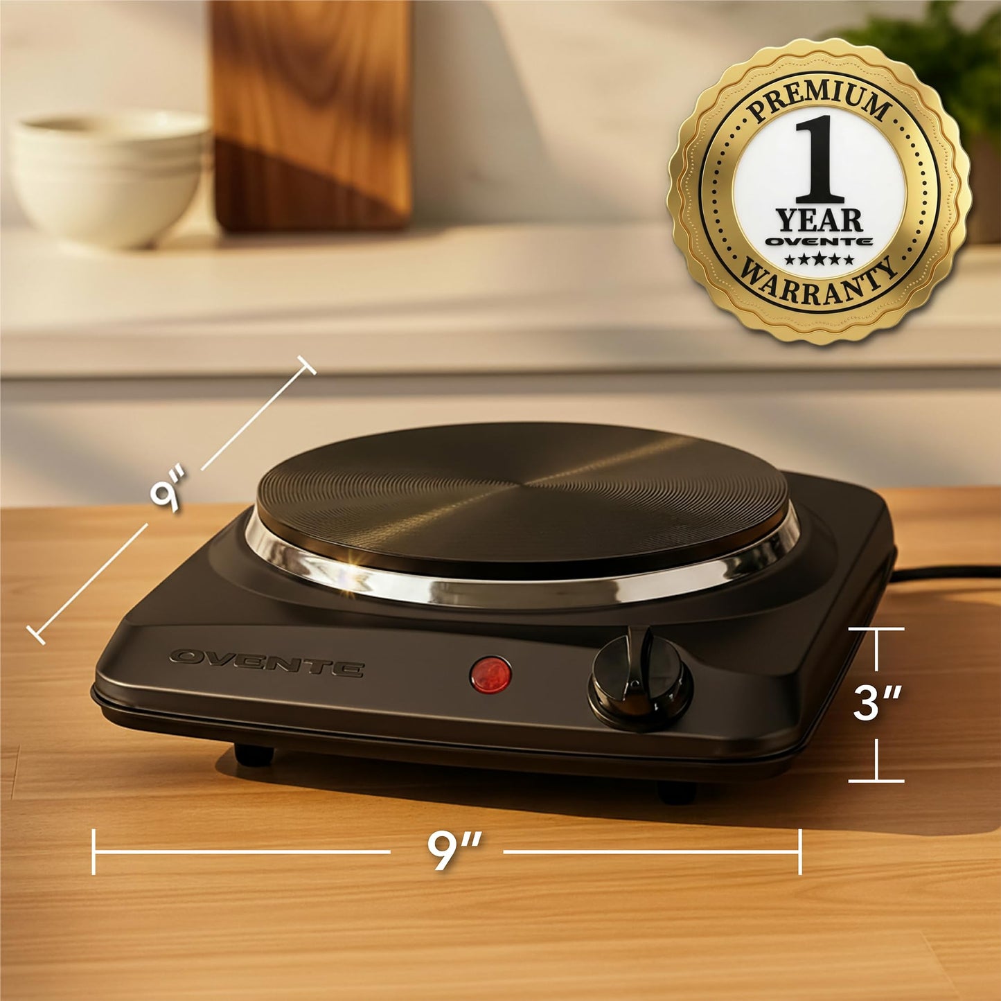 OVENTE Electric Countertop Single Burner, 1000W Cooktop with 7.25 Inch Cast Iron Hot Plate, 5 Level Temperature Control, Compact Cooking Stove and Easy to Clean Stainless Steel Base, Black BGS101B