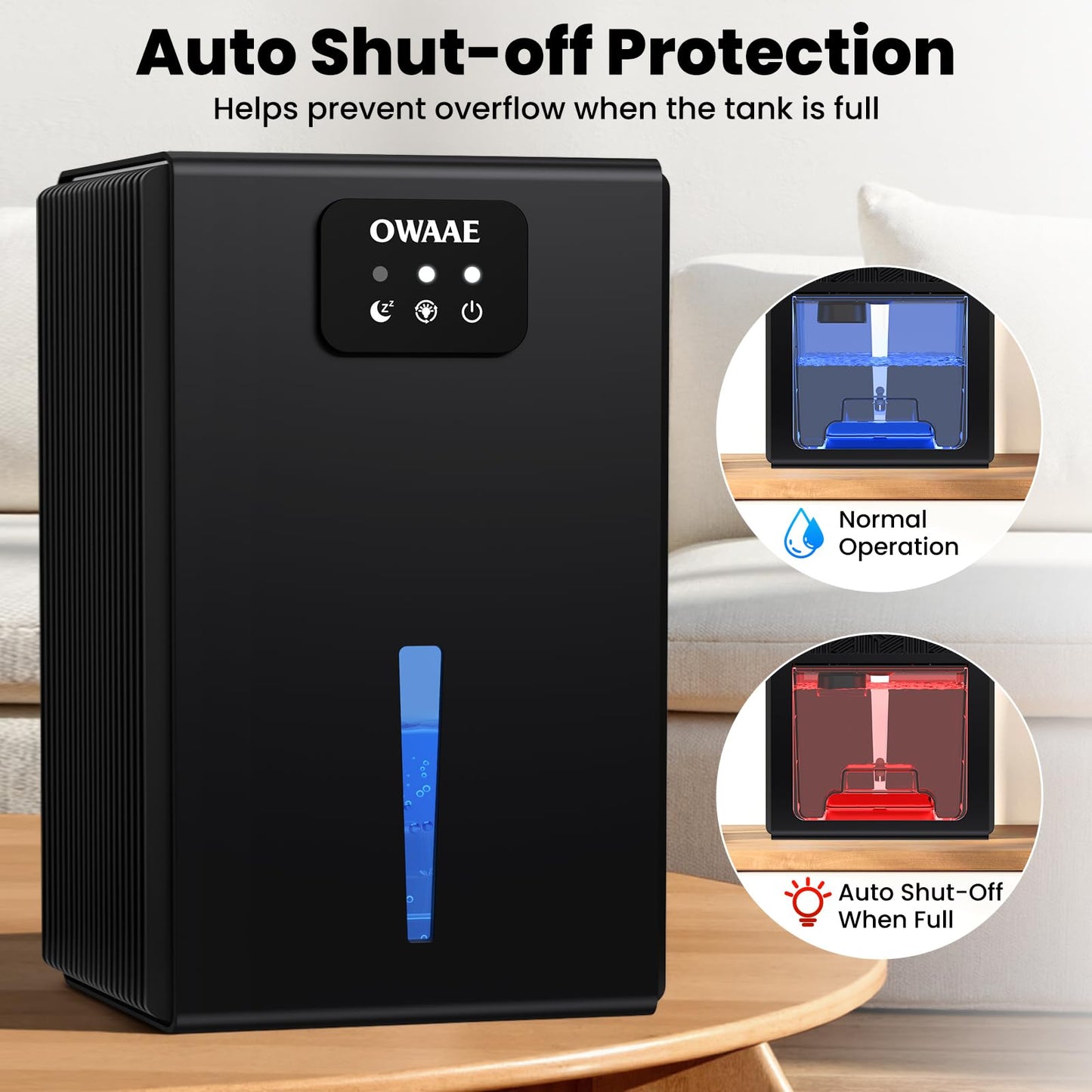 OWAAE Dehumidifier, 1000 sq.ft Quiet Dehumidifiers for Home Bedroom Basement Bathroom with 95oz Water Tank, Sleep Mode, Auto Shut-Off 7 Colors LED Light, Black