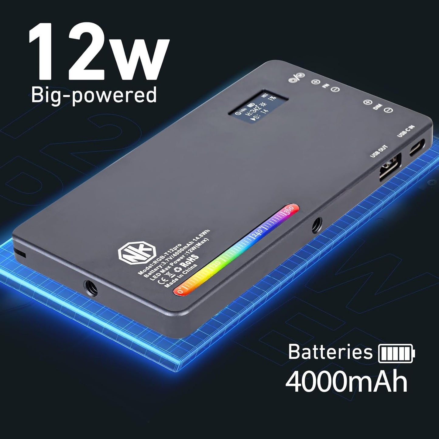 Nagnahz T12 Light,12W 2500-8000K, 4000mAh 21 96+, Pro RGB Video Portable LED Camera Light with Rechargeable Battery