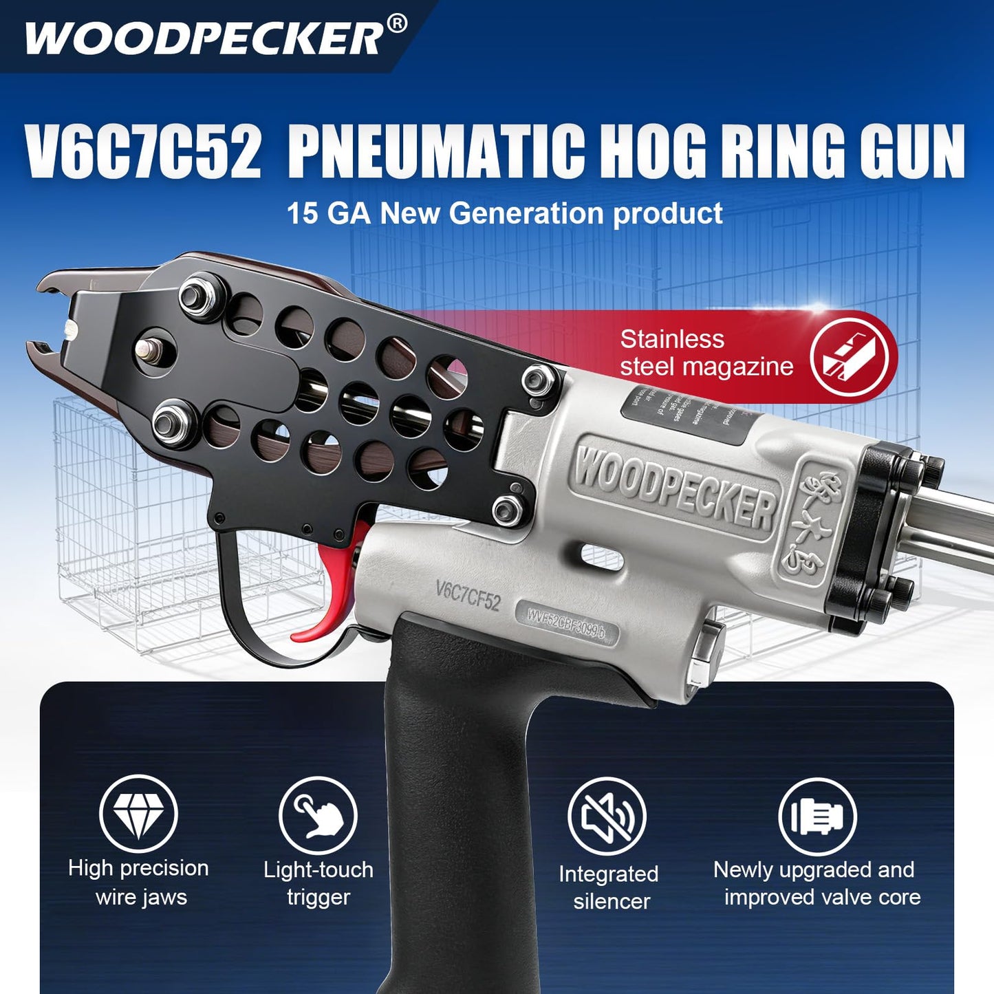WOODPECKER V6C7CF52 3/4-Inch Pneumatic Hog Ring Gun 15 Gauge 0.205"-0.228" Closure Diameter with Stainless Steel Magazine, Air Hog Ring Plier for Fencing, Cages, Spring Mattress