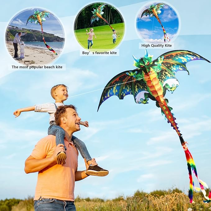 eyijklzo Green Dragon Kite Beautiful and Easy Flyer Kite for Children and Adult with Long Colorful Tail String Line Accessories Easy to Soar High Outdoor Sports Game Activities or Beach Trip