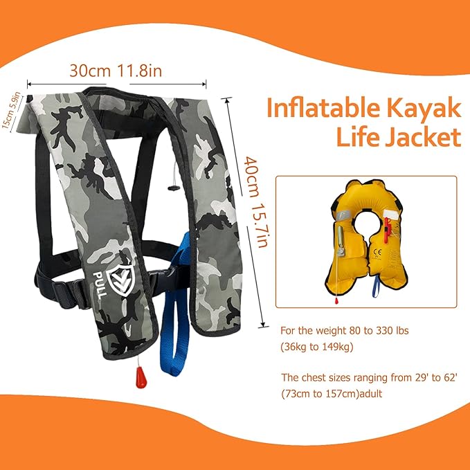 Automatic/Manual Inflatable Life Jacket| Inflatable PFD Kayak Vest Adult| Life Vest for Adults| Outdoor Water Sports| Supports up to 330 lbs|33g of Carbon Dioxide Cylinder