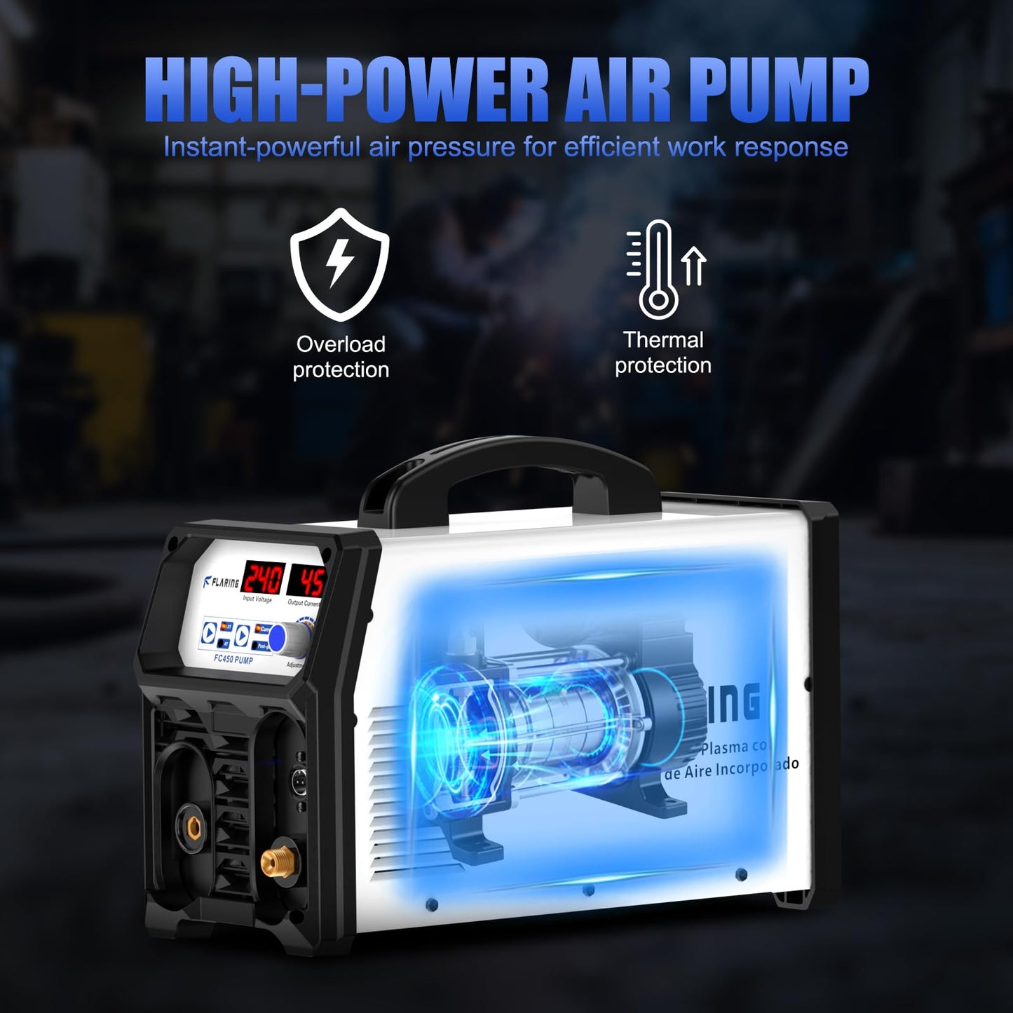 FLARING 240V Plasma Cutter With Built In Air Compressor 45A IGBT Inverter Digital Plasma Cutting Machine, 3/8 Inch Clean Cut And 5/8 Inch Max Cut High Frequency (No External Compressor Needed)