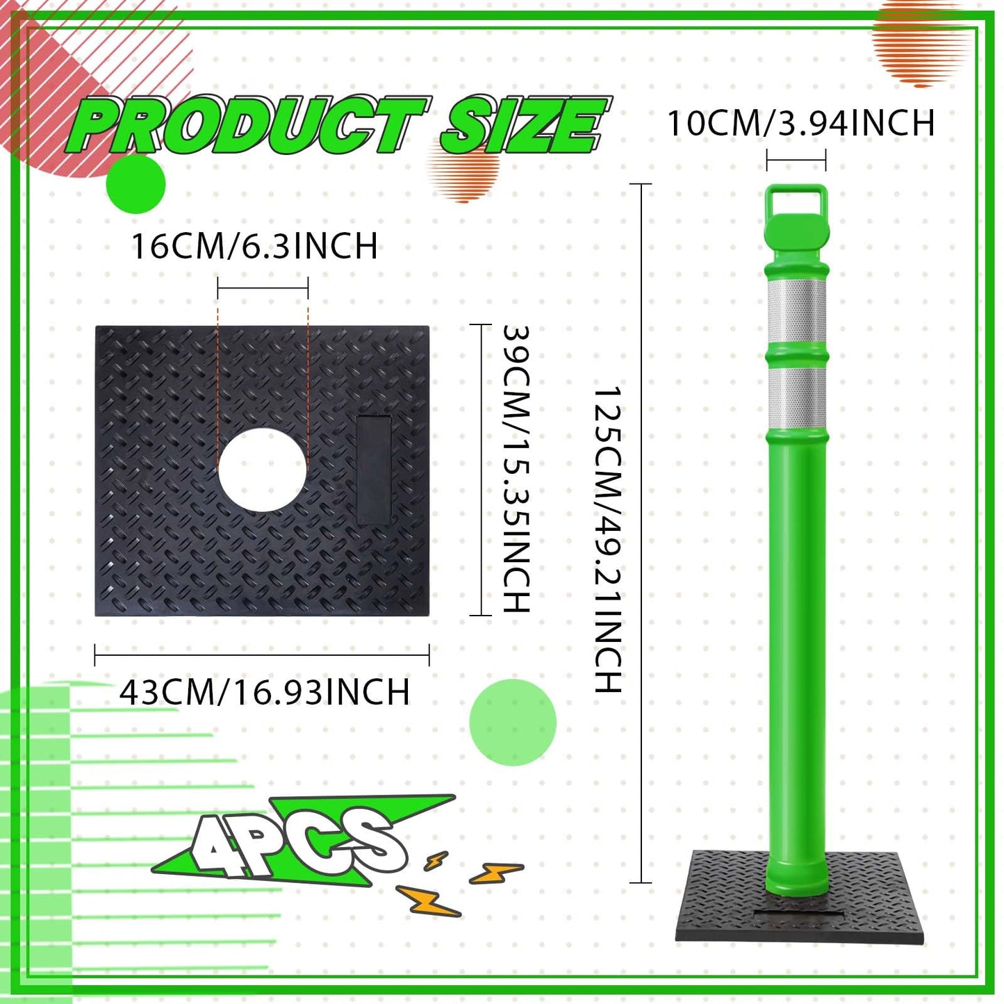 Kanayu 49 Inch Traffic Delineator Posts with 8.8 Lbs Rubber Base PE Delineator Post Portable Parking Pole Traffic Cone Barrier with Removable Base, Reflective Band(4 Packs,Green)